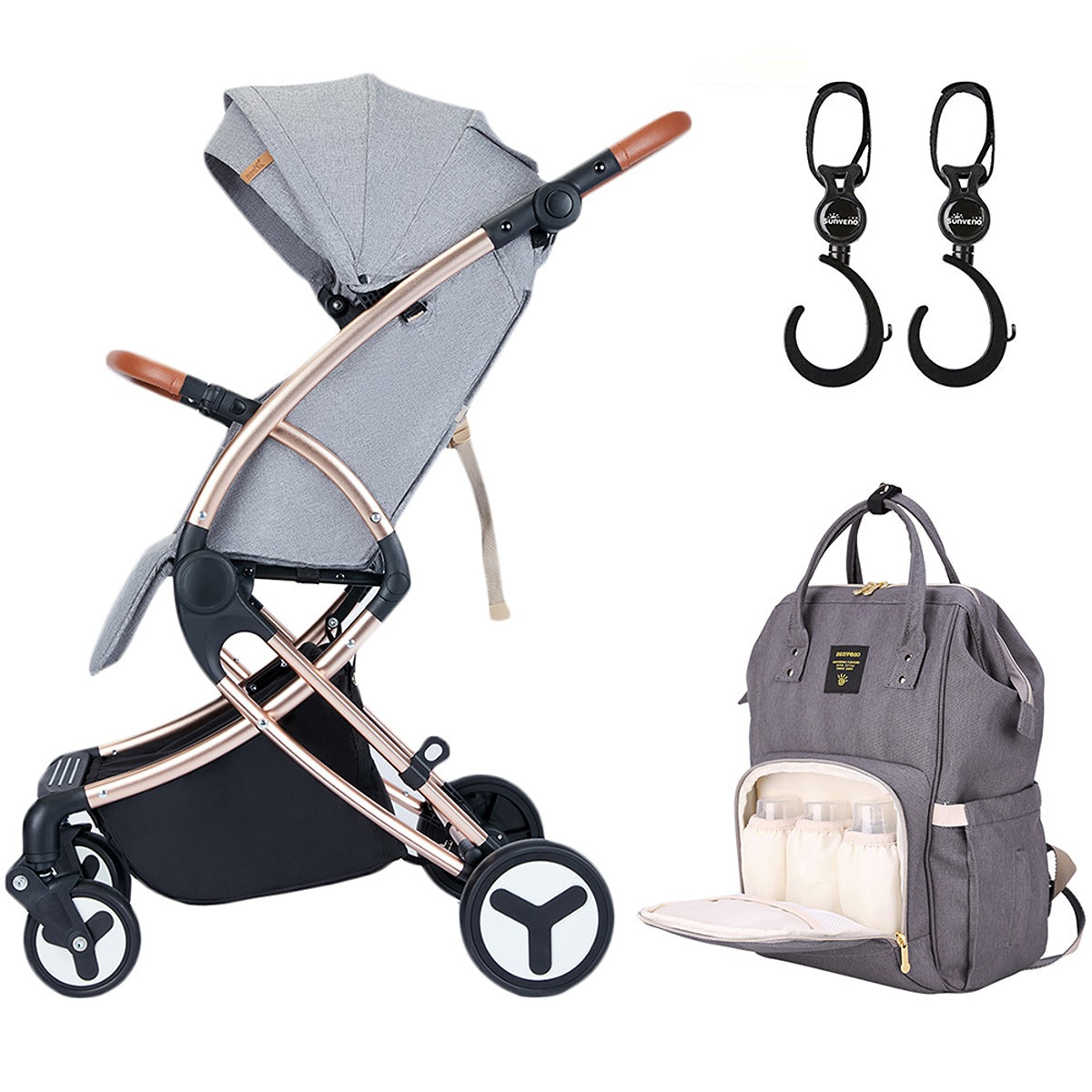 Teknum A1 Feather Lite Stroller-  Grey + Sunveno Diaper Bag - Grey + Hooks