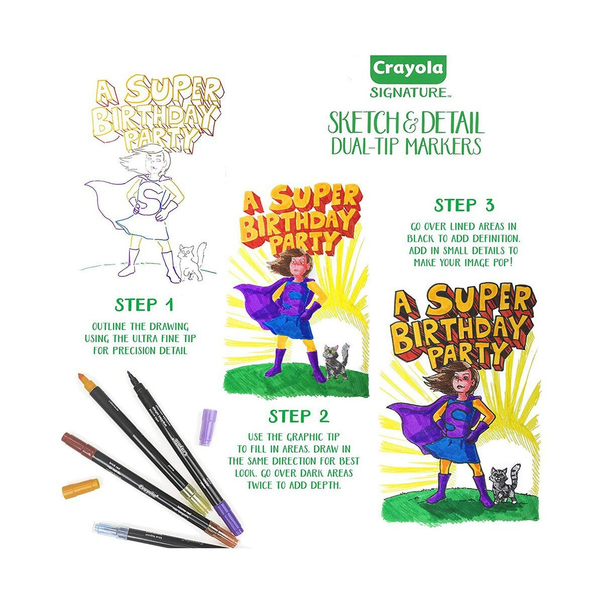 Crayola Signature Sketch & Detail Dual Ended Markers, 16 Count