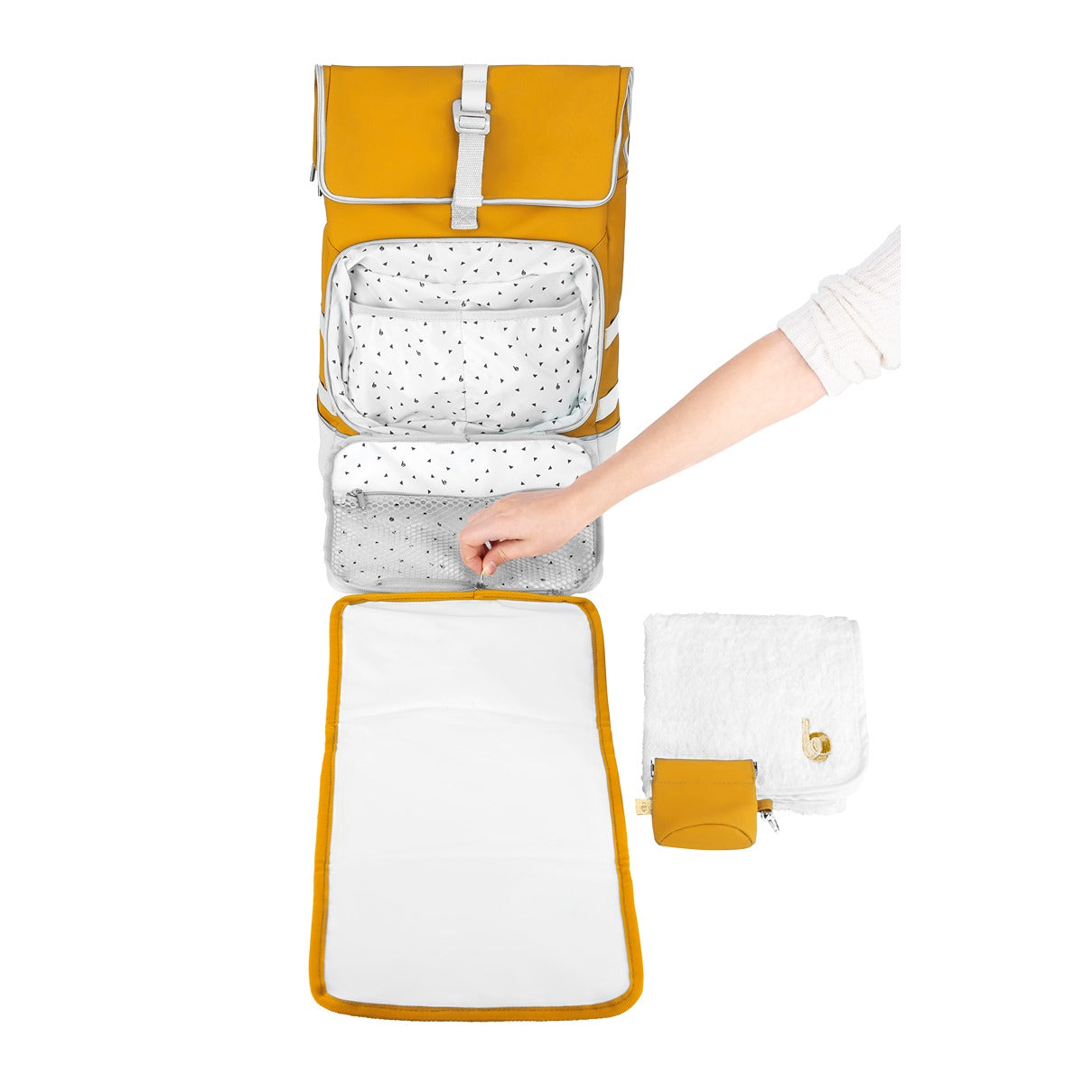 BabyMoov Sancy Diaper Bag Backpack | Unisex Back Pack with Heavy Duty Roll-Top Closure, Large Insulated Compartment, Changing Pad and Accessories, Saffron Yellow