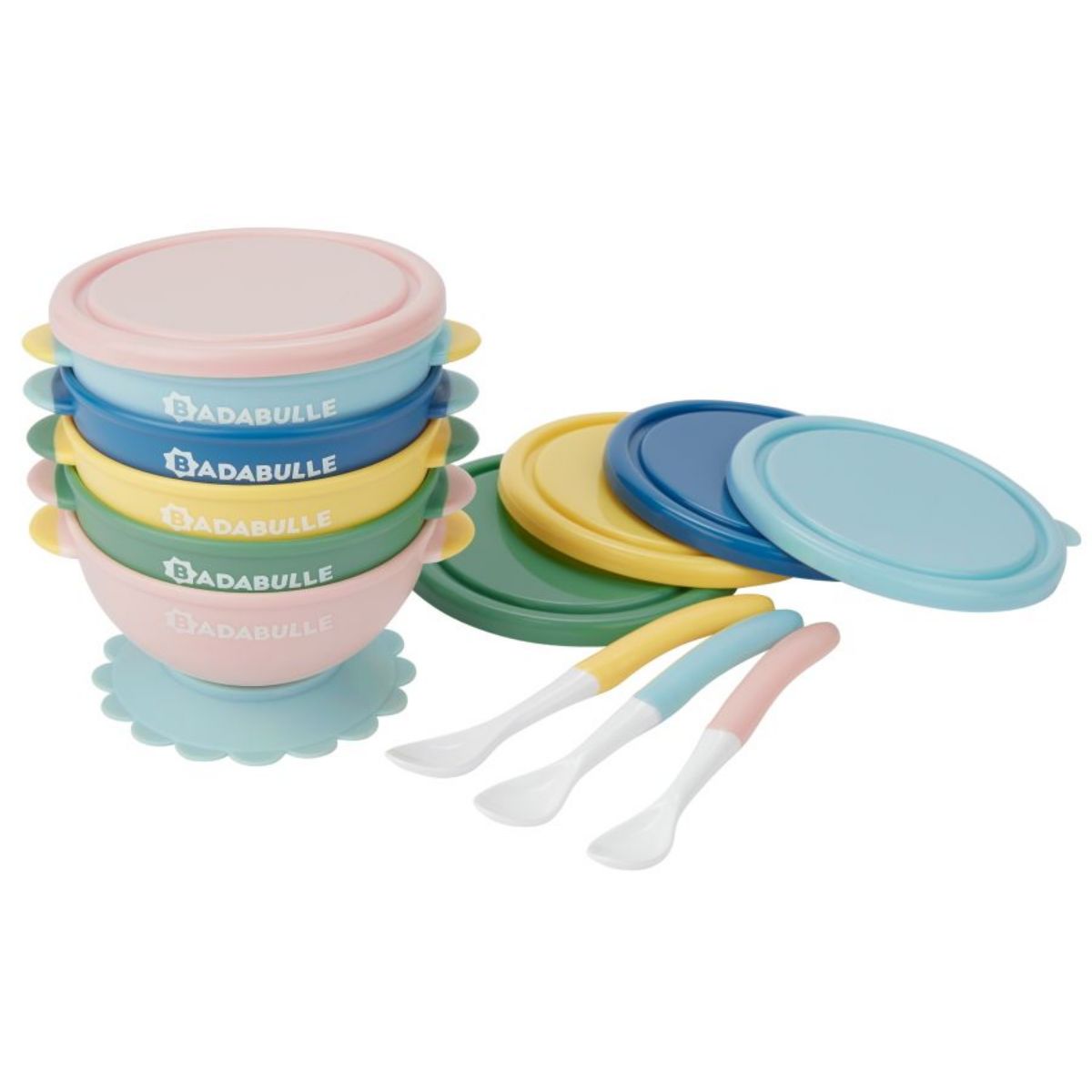 Badabulle Set of 5 non-slip bowls 330ml & 3 flexible spoons