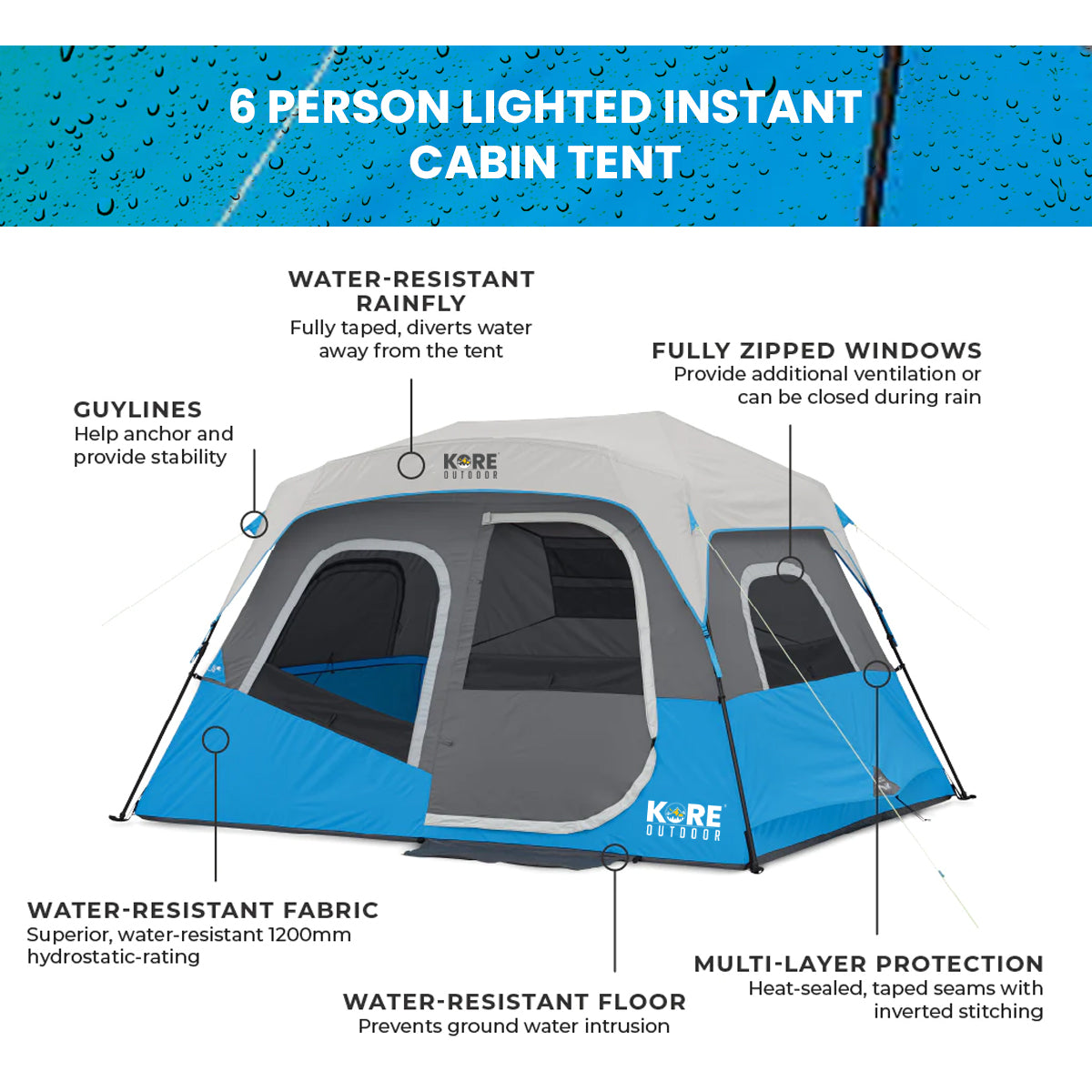 Kore Outdoor 6 person lighted instant cabin tent 11â€™ x 9â€™