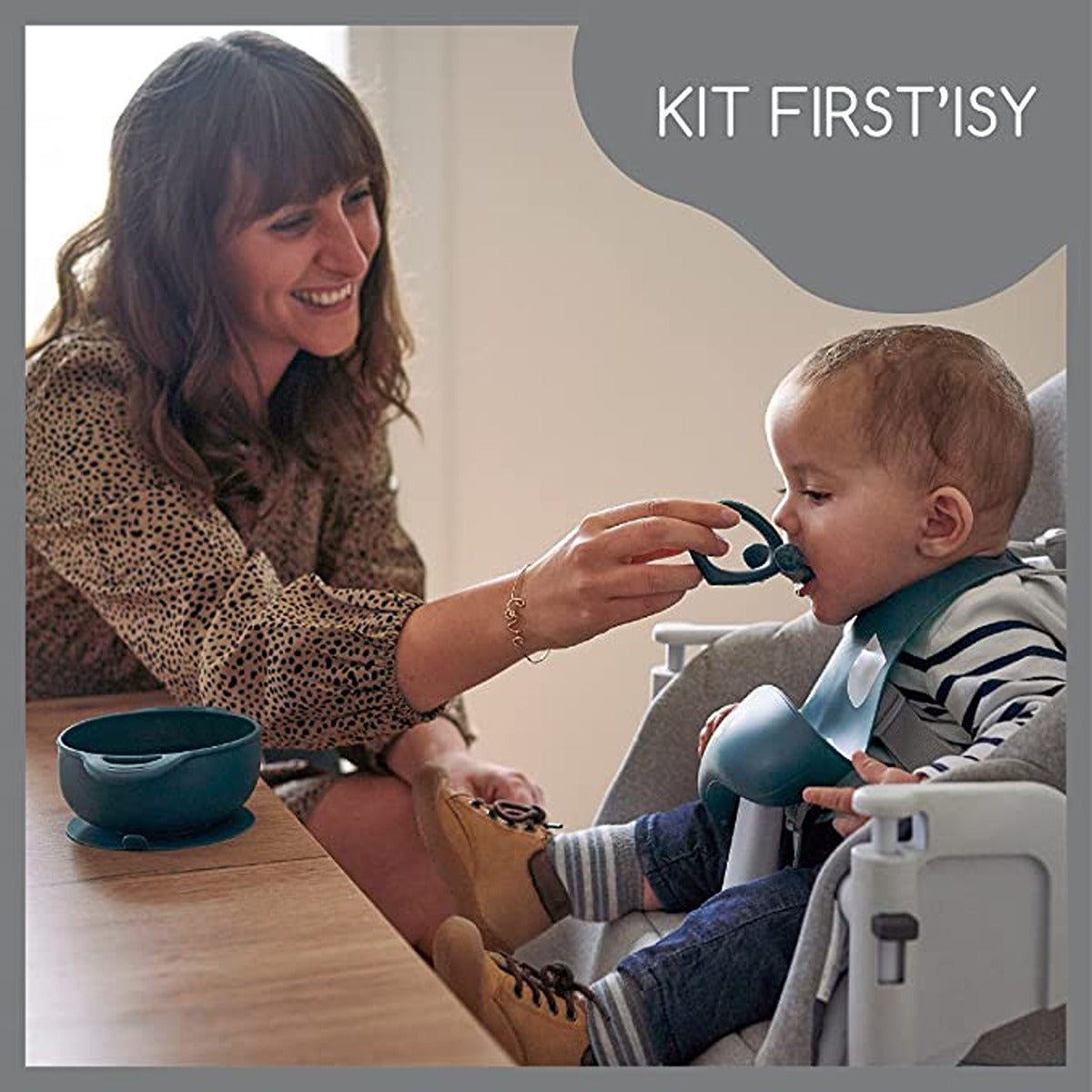 BabyMoov 3-Piece Silicone Bowl, Spoon & Bib Weaning Set,Blue