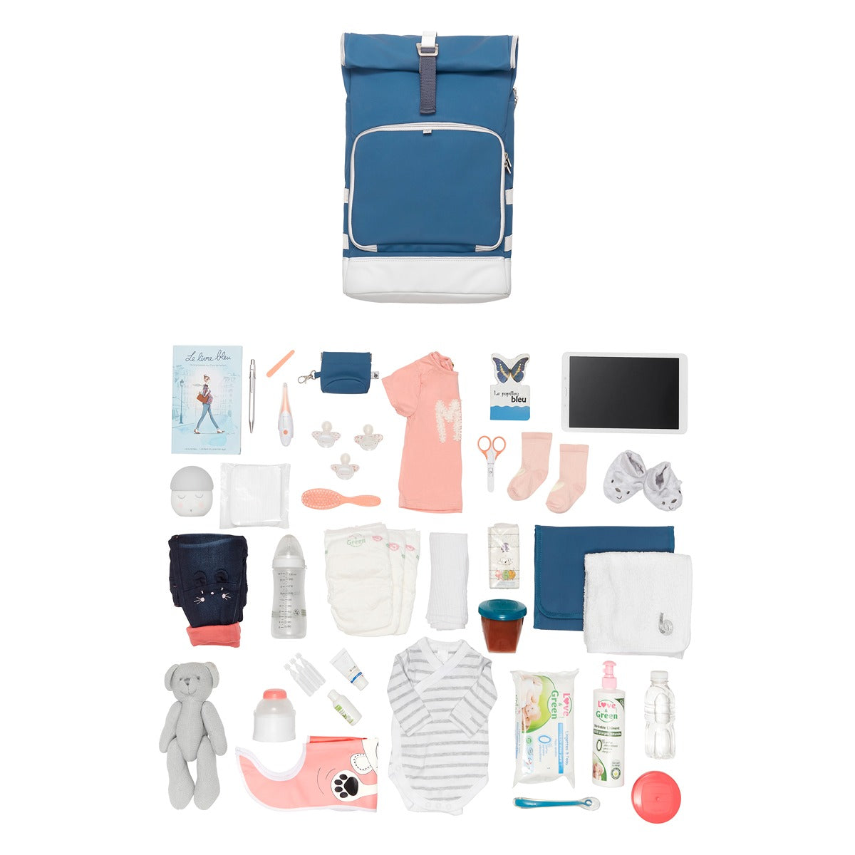 BabyMoov Sancy Diaper Bag Backpack | Unisex Back Pack with Heavy Duty Roll-Top Closure, Large Insulated Compartment, Changing Pad and Accessories, Blue