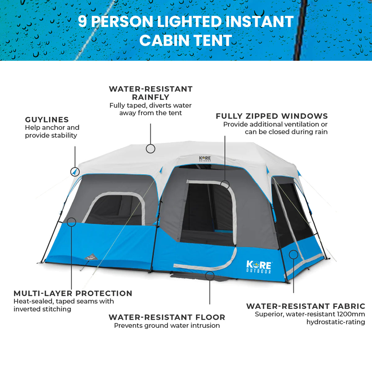 Kore Outdoor 9 person lighted instant cabin tent 14â€™ x 9â€™