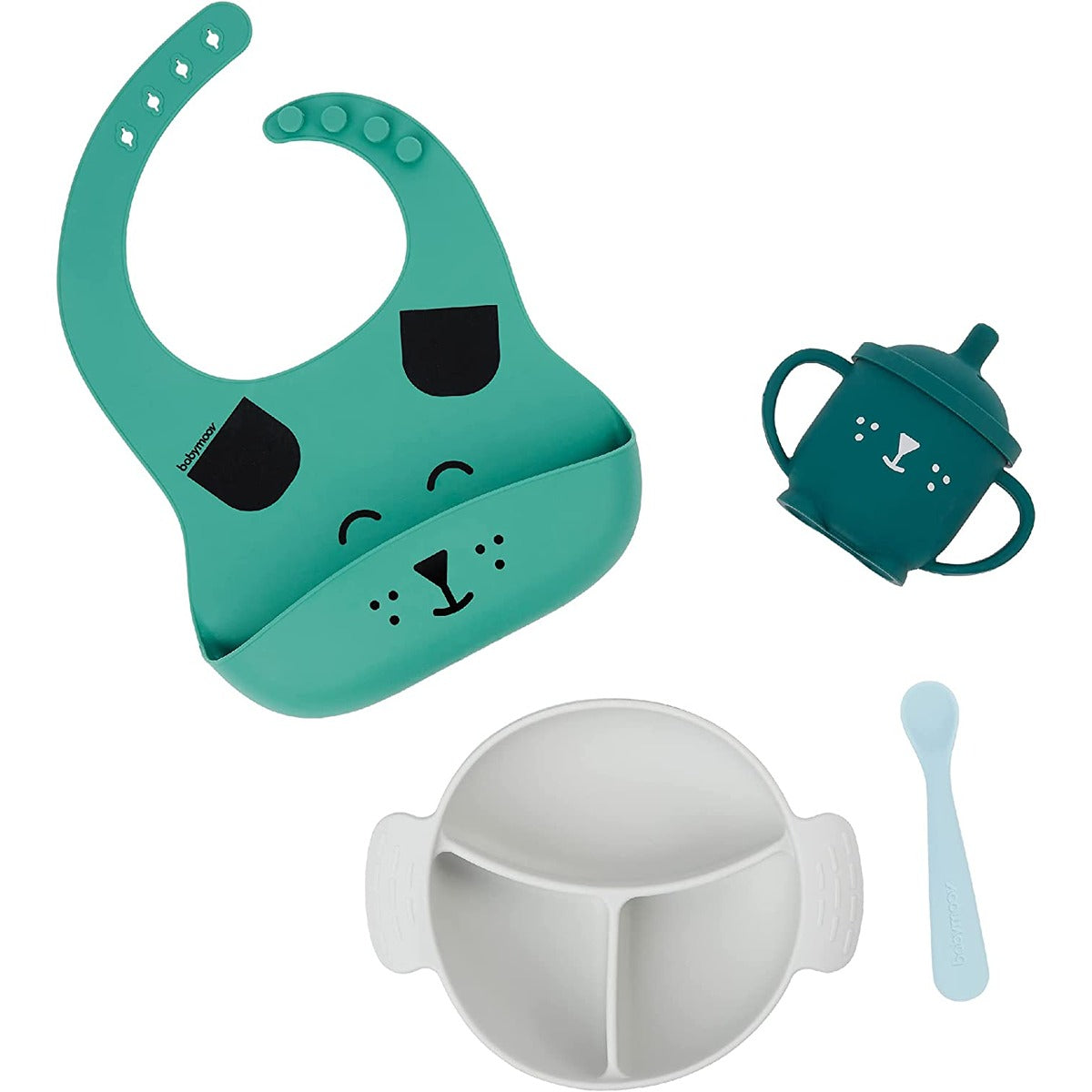BabyMoov - Learn ISY 4 Piece Silicone Meal Set for Babies | BPA Free & Dishwasher Safe | 15-24 Months â€“ Blue Dog