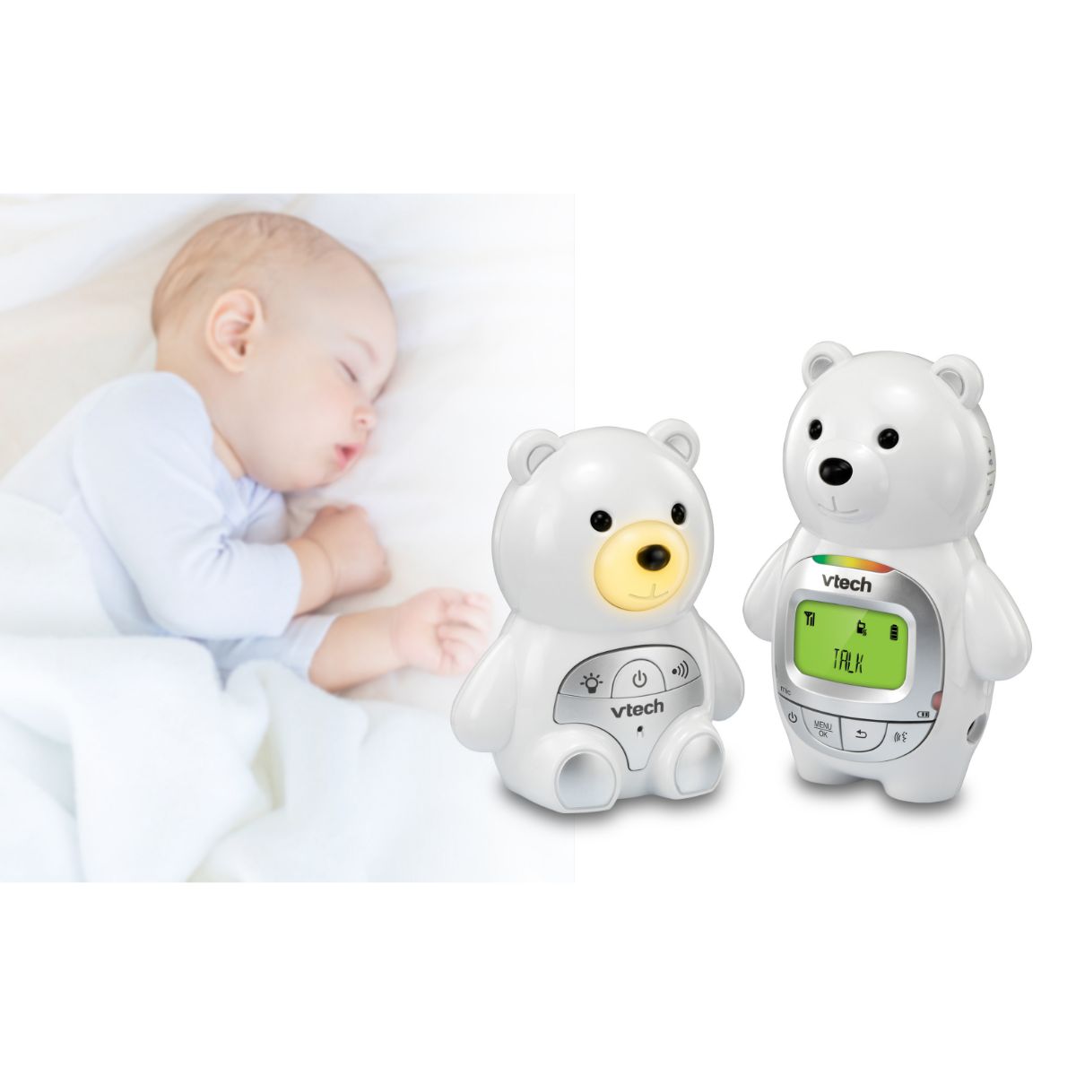 Vtech Monitors Baby Bear Digital Audio Monitor with up to 1,000 ft of Range|Vibrating Sound-Alert |Talk Back Intercom | Temperature Indicator | Night Light Loop & Parent Unit, White