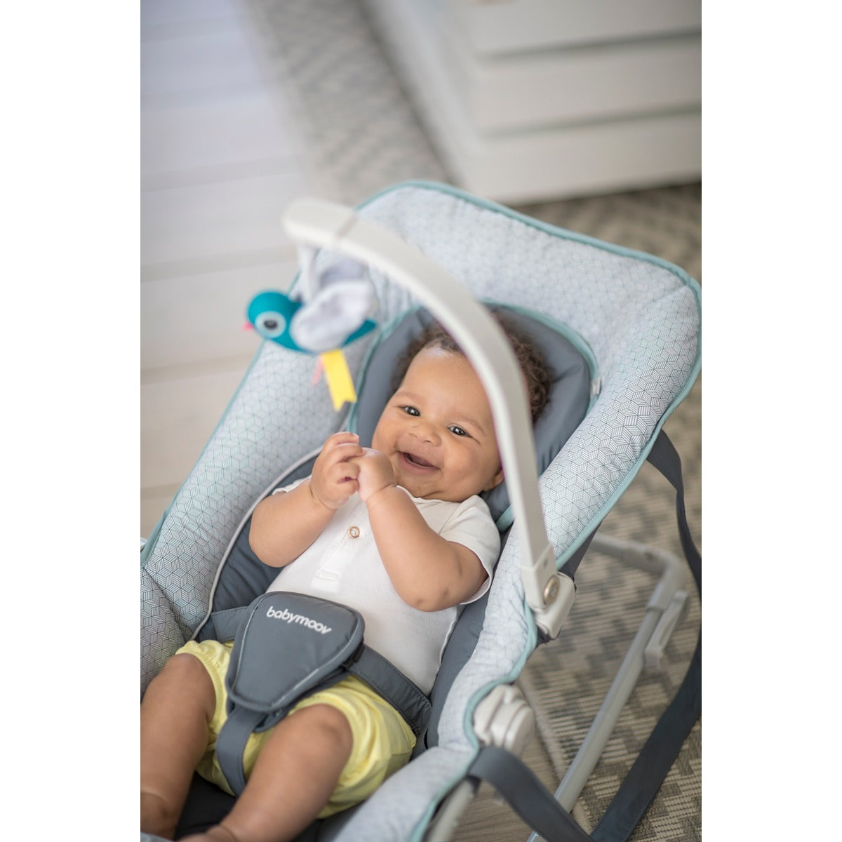 BabyMoov Graphik Baby Bouncer, Rocker Chair - 0m+ Recining Backrest, Cosy Cushioned Seat - Blue