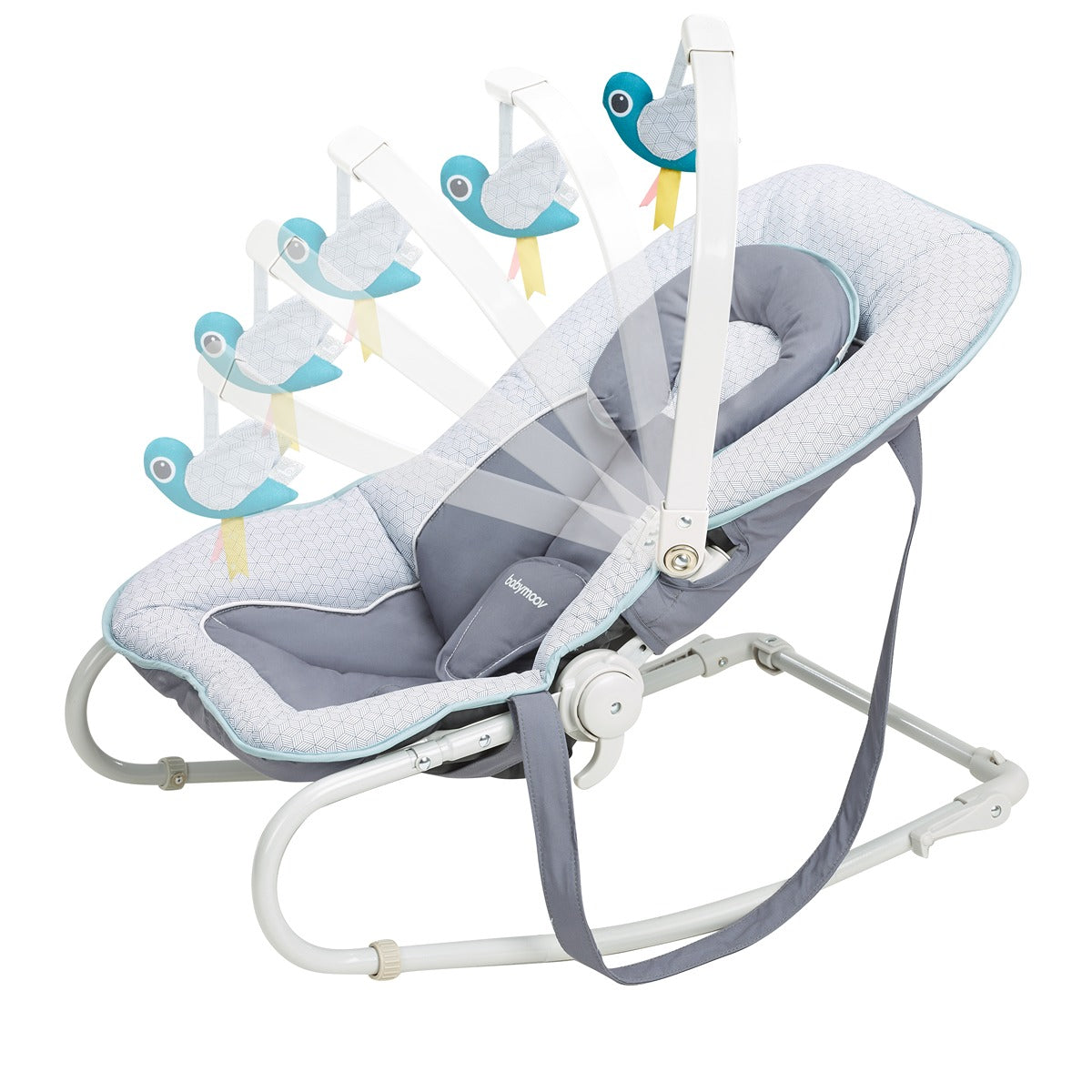 BabyMoov Graphik Baby Bouncer, Rocker Chair - 0m+ Recining Backrest, Cosy Cushioned Seat - Blue