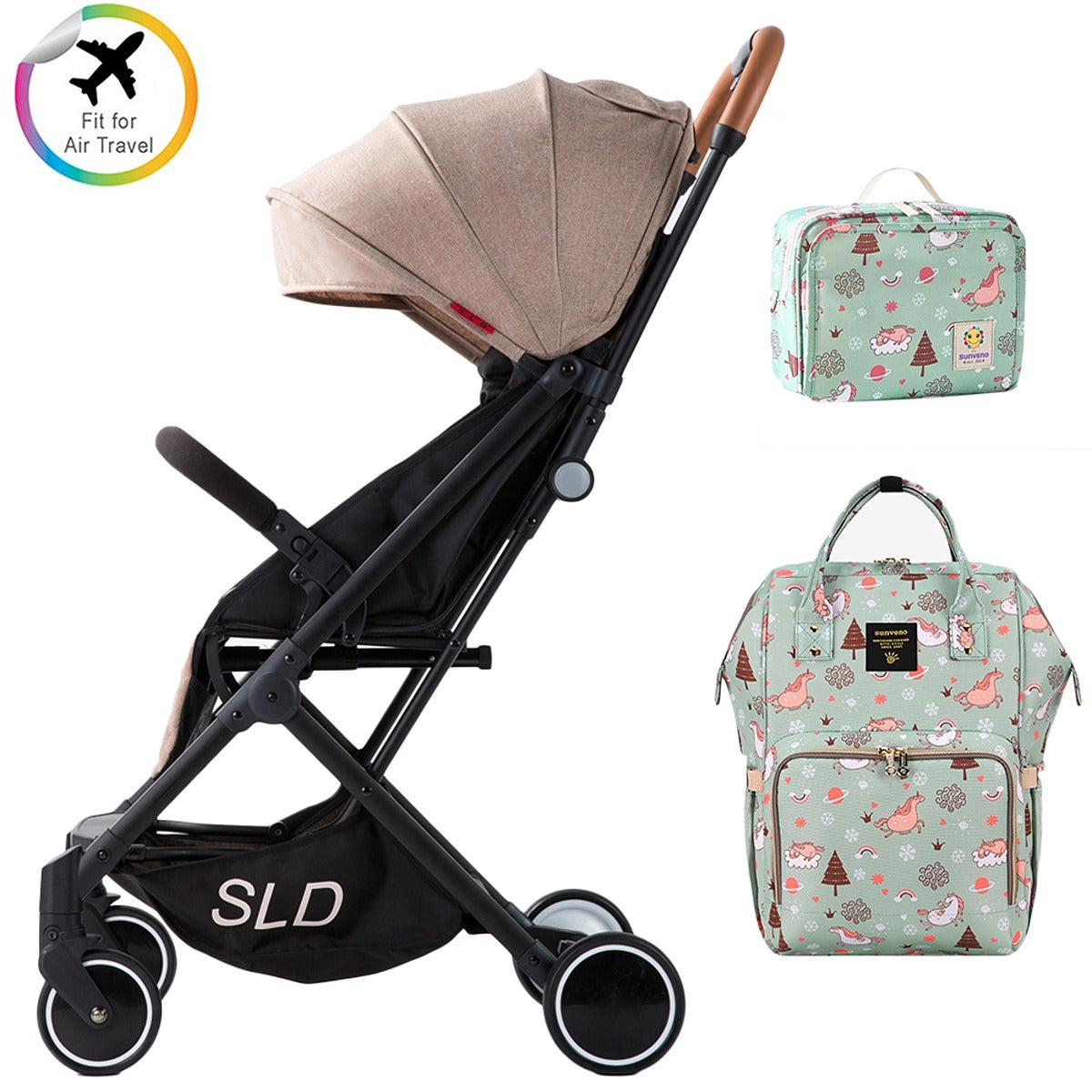 Teknum Travel Lite Stroller - Khaki and  Sunveno Green Dream Diaper Bag and Clutch Combo