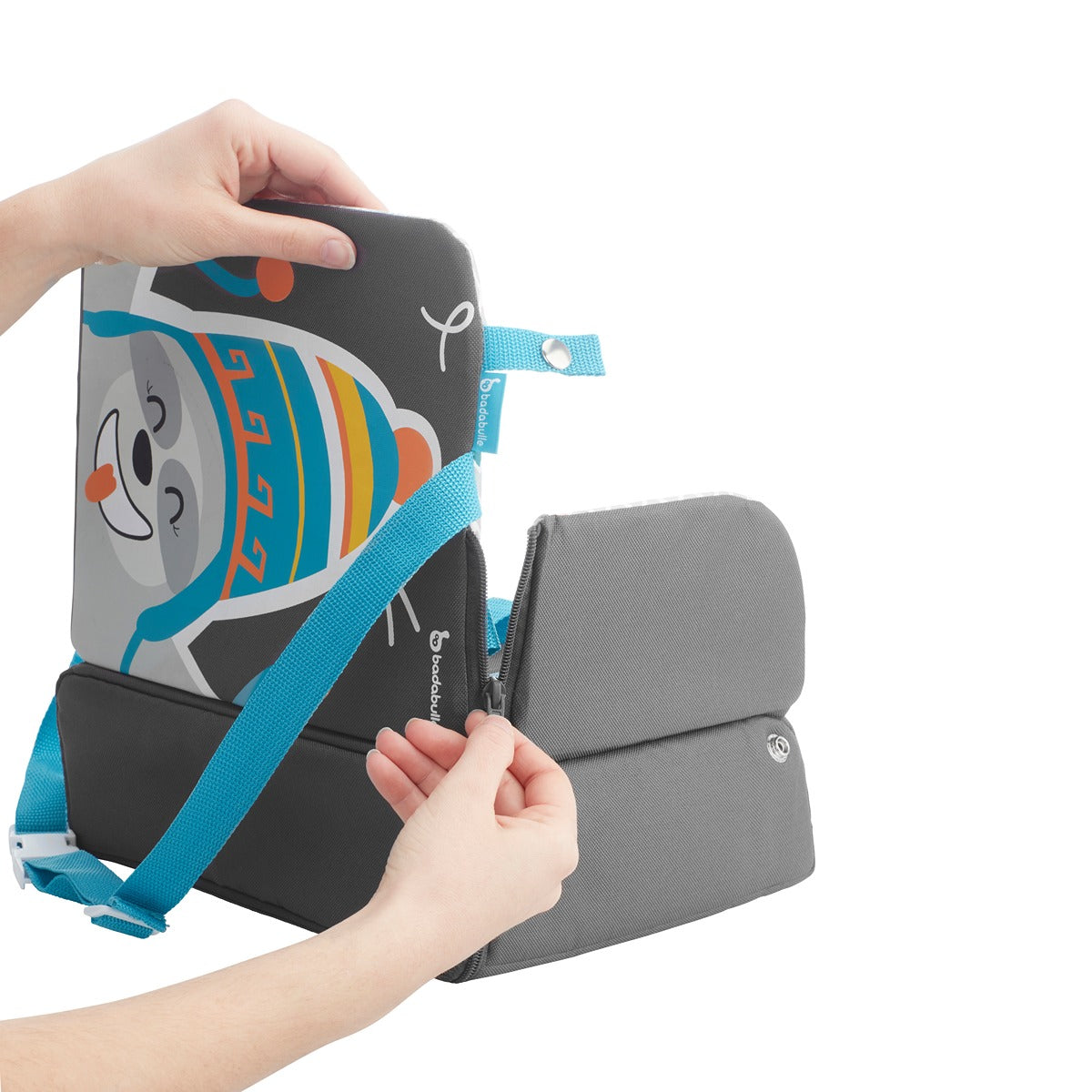 Badabulle Travel Booster Seat (Yummy) 6-36M Extremely Compact, Raises by 10cms Turns into Backpack & comes Large enclosed storage compartment