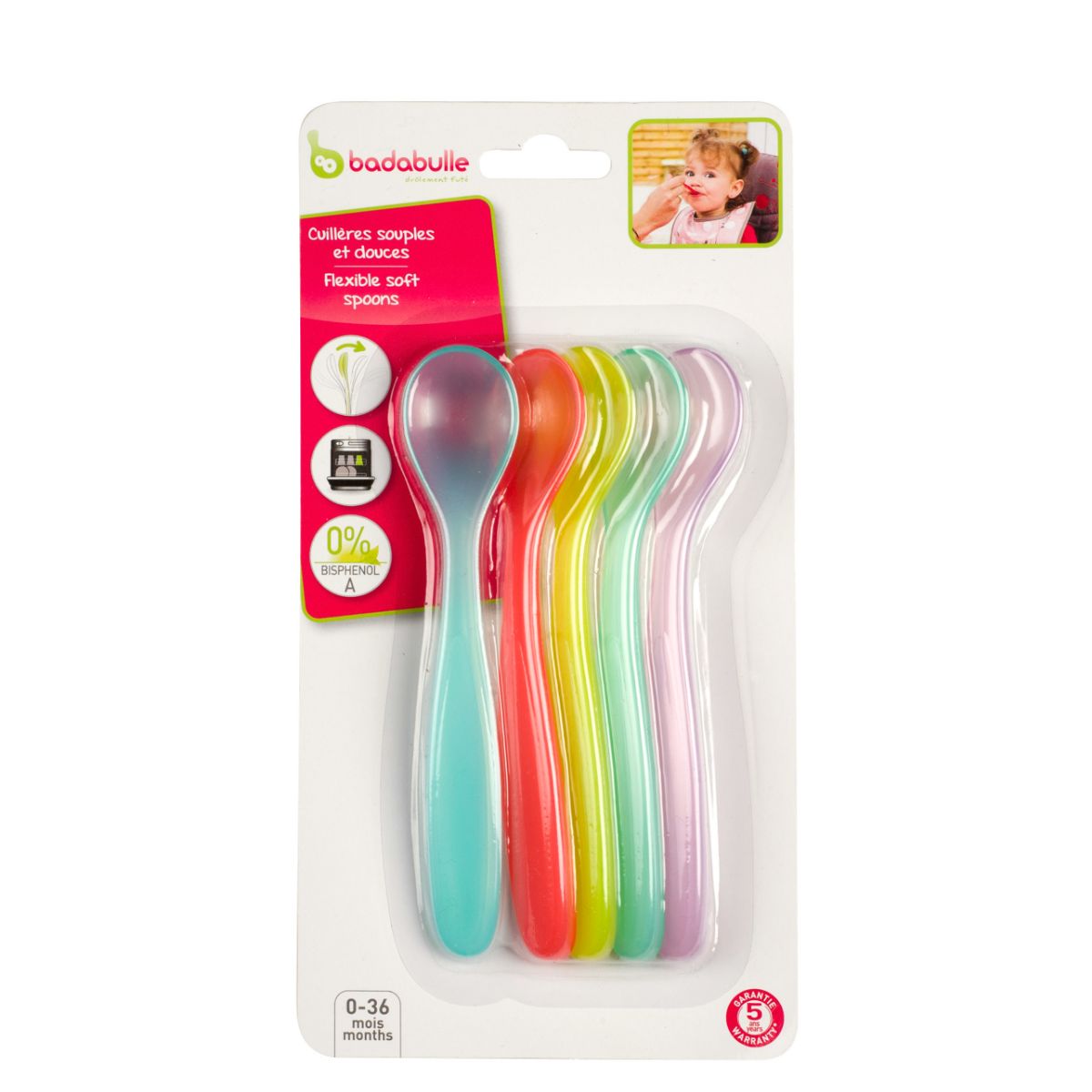 Badabulle - Soft, flexible spoons. Pack of 5, 0+ month