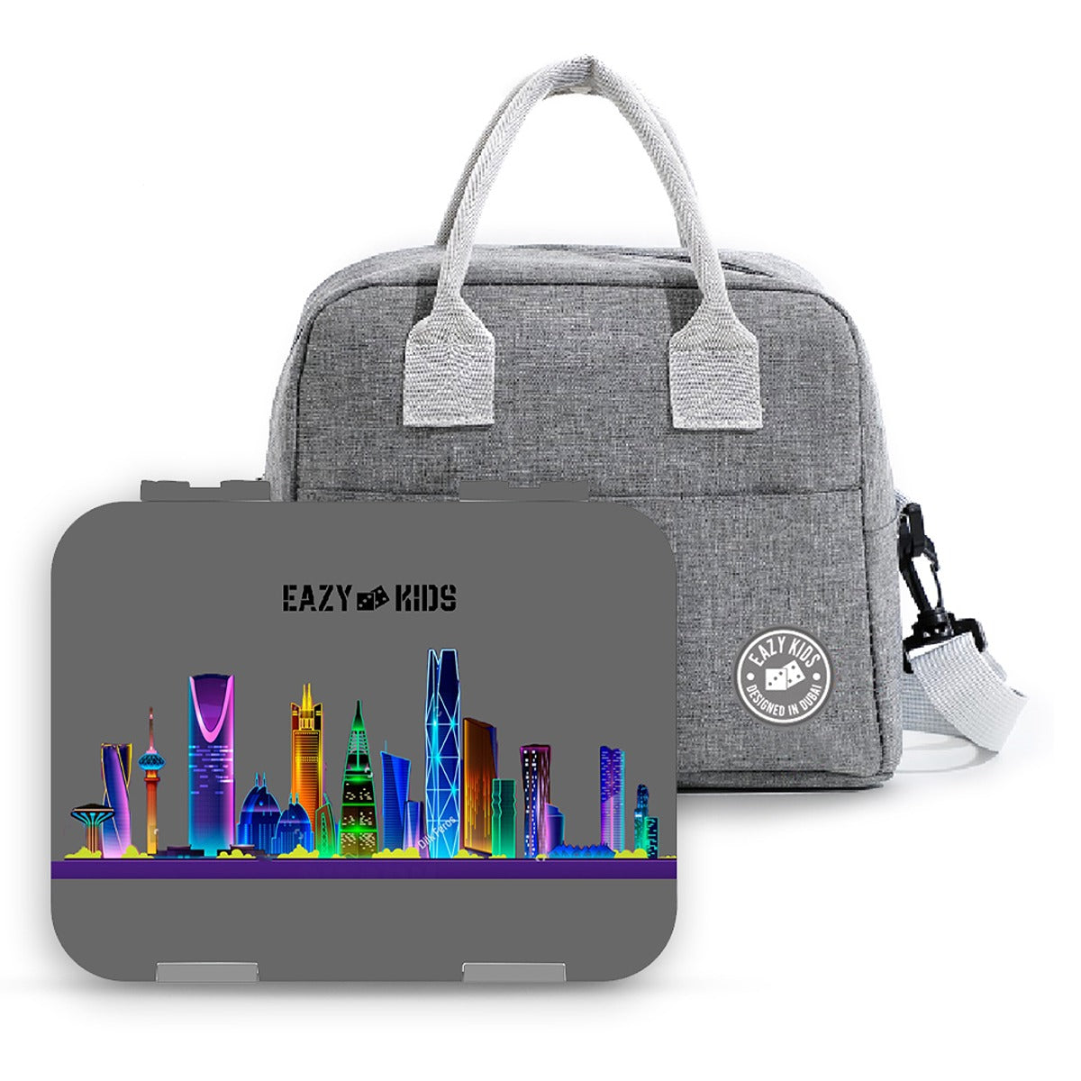 Eazy Kids Bento Boxes wt Insulated Lunch Bag Combo- Love Riyadh Grey