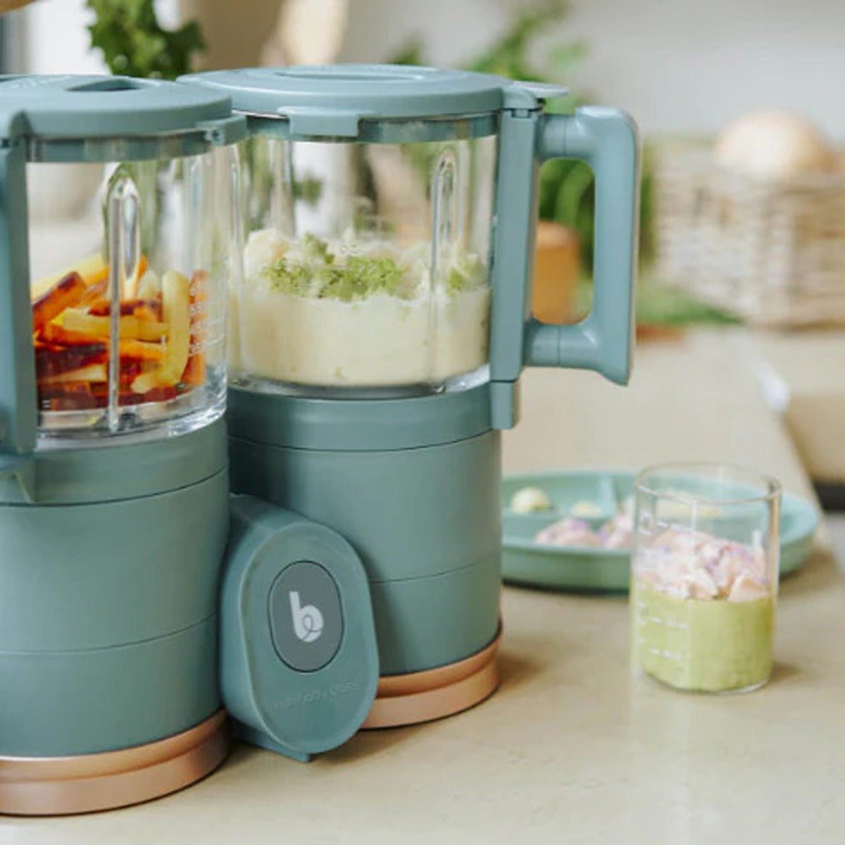 BabyMoov Nutribaby Glass 4 in 1 Food Processor | Steam cook, Blend, Defrost, Reheat | Quick Homemade Baby Food - Glass Bowl - Stainless Steel Tub | Teal