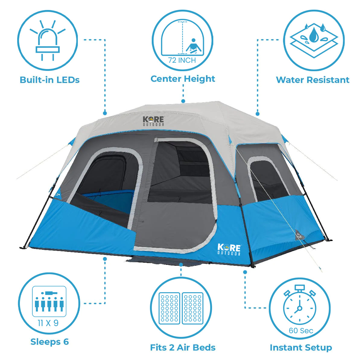 Kore Outdoor 6 person lighted instant cabin tent 11â€™ x 9â€™
