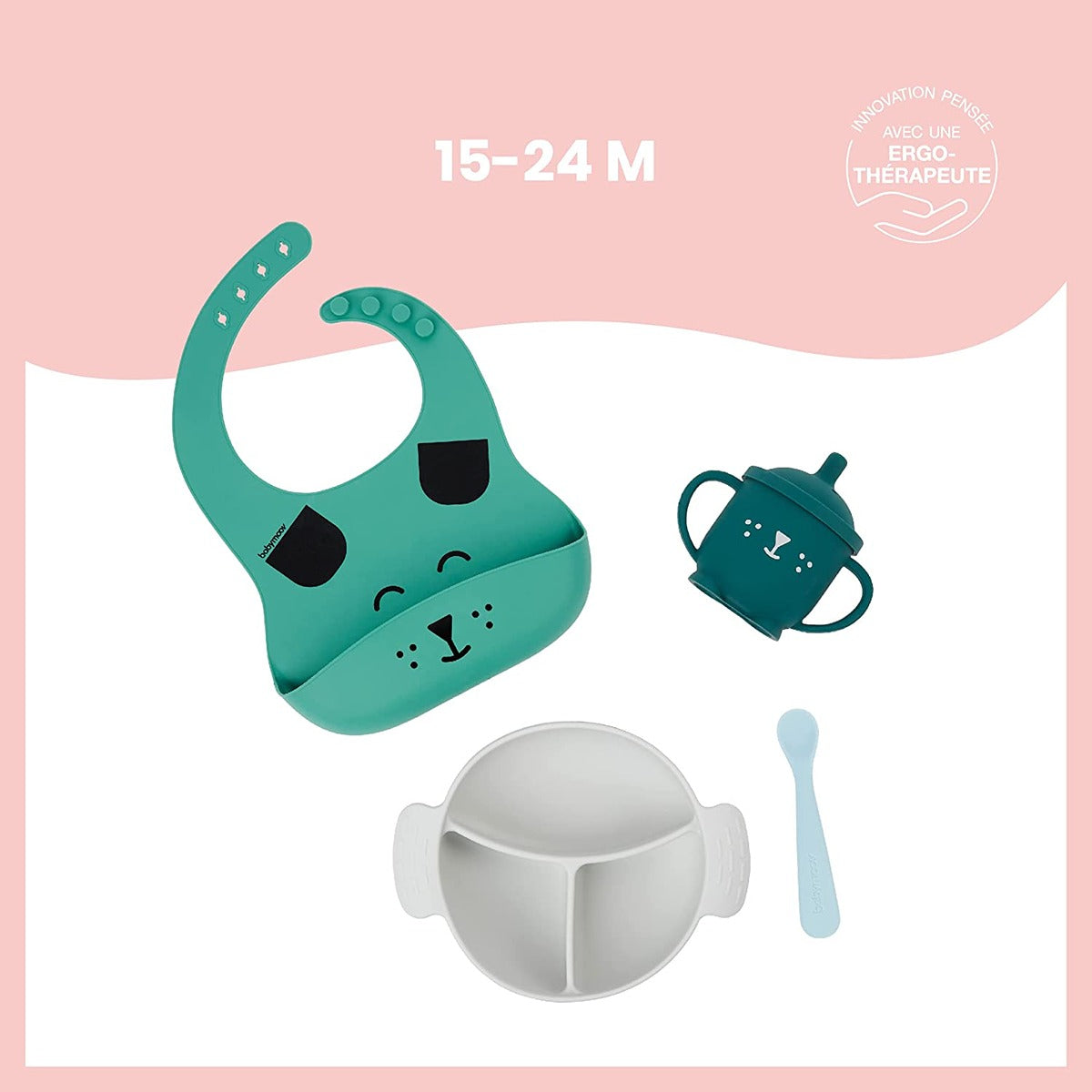 BabyMoov - Learn ISY 4 Piece Silicone Meal Set for Babies | BPA Free & Dishwasher Safe | 15-24 Months â€“ Blue Dog