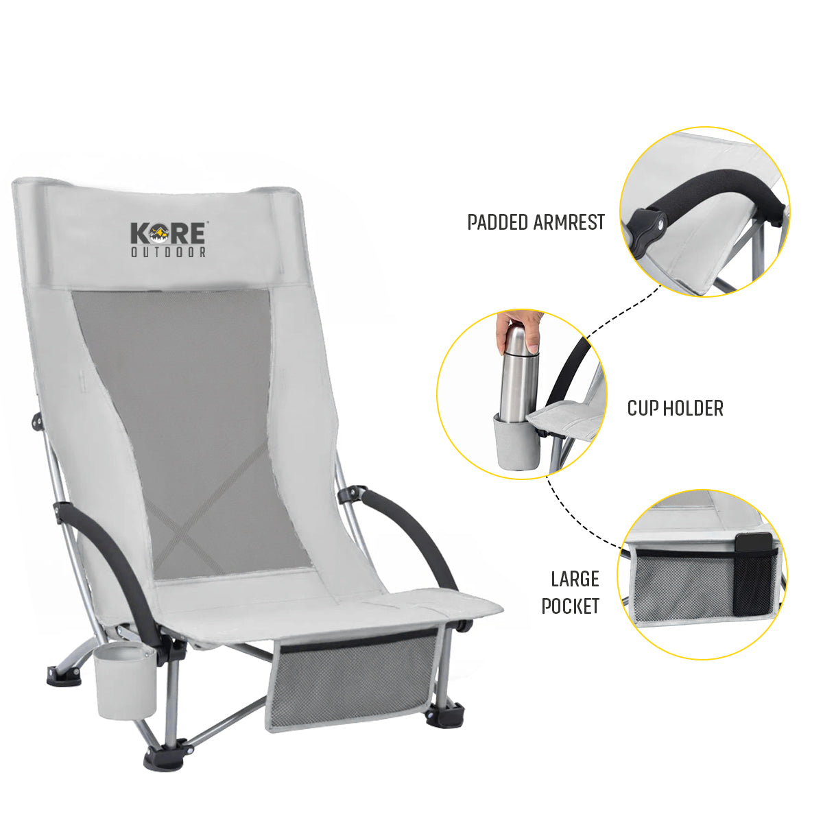 Kore Outdoor Portable low sling beach camping concert folding chair high mesh back