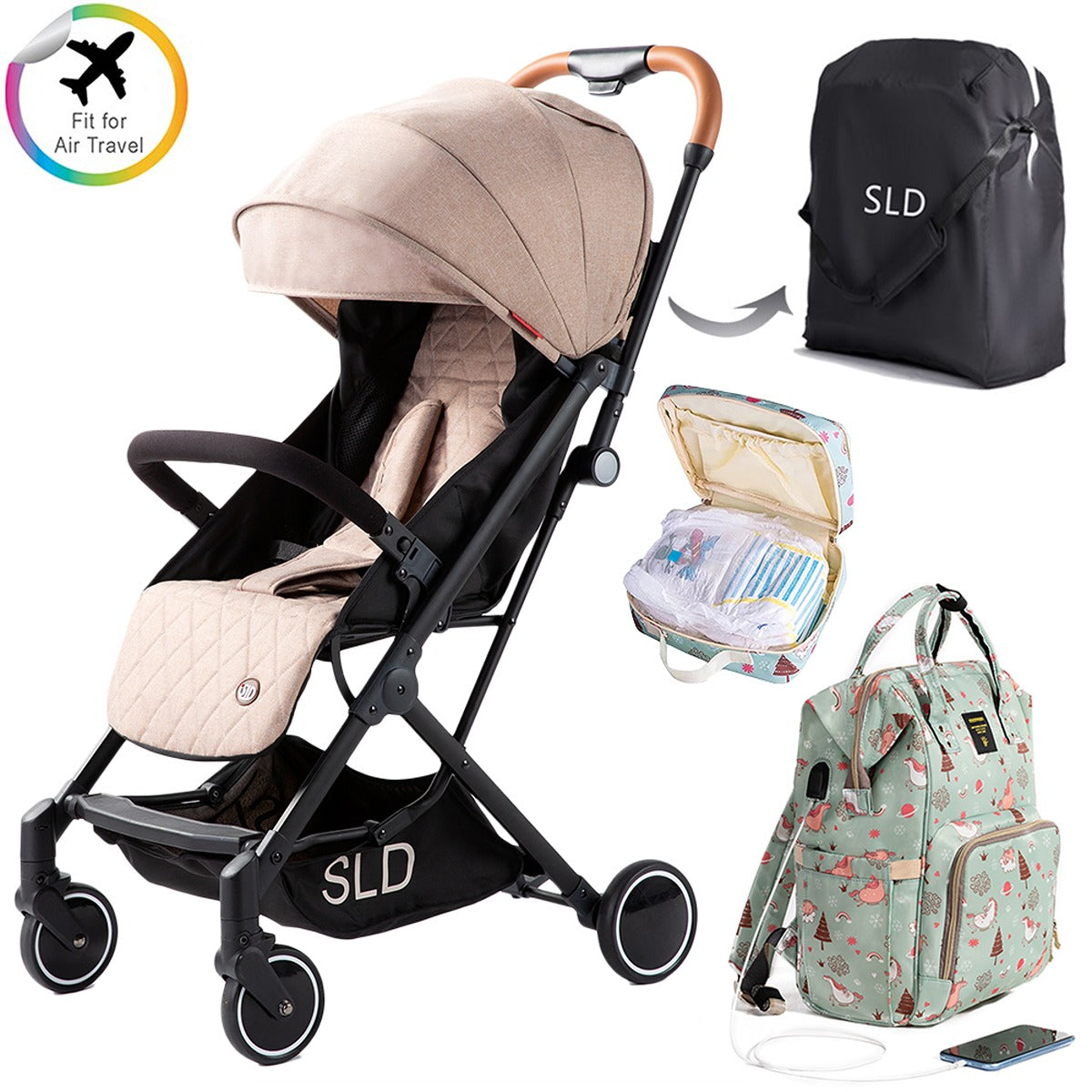 Teknum Travel Lite Stroller - Khaki and  Sunveno Green Dream Diaper Bag and Clutch Combo