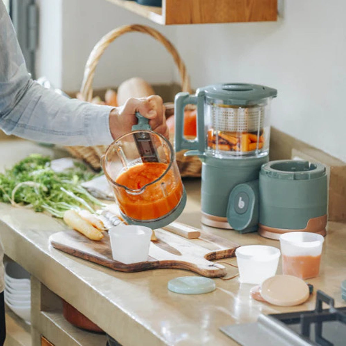 BabyMoov Nutribaby Glass 4 in 1 Food Processor | Steam cook, Blend, Defrost, Reheat | Quick Homemade Baby Food - Glass Bowl - Stainless Steel Tub | Teal