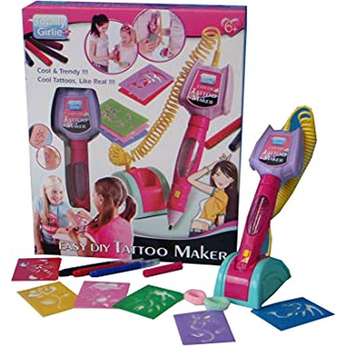 Totally Girlie Totally Girlie Removable Tattoo Maker for Girls/ Kids Fun Friend Activity Creating Beautiful Tatoo / Tatoo Maker for Kids- Battery Operated Tatoo Pen, Pen Stand, Art Pen, Funky Stensils