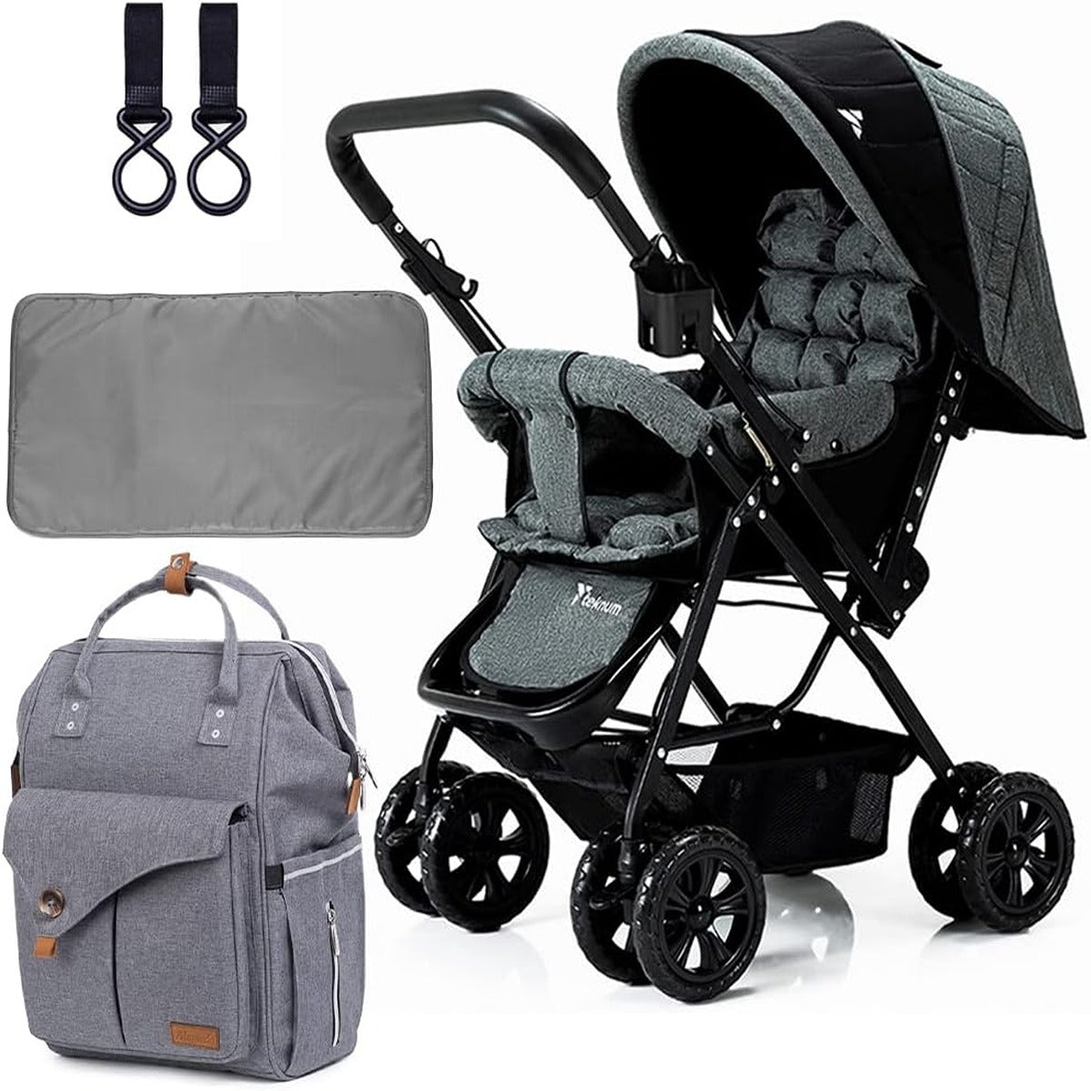 Teknum Teknum Reversible Look at Me Stroller wt Diaper Bag Hooks Changing Pad Grey