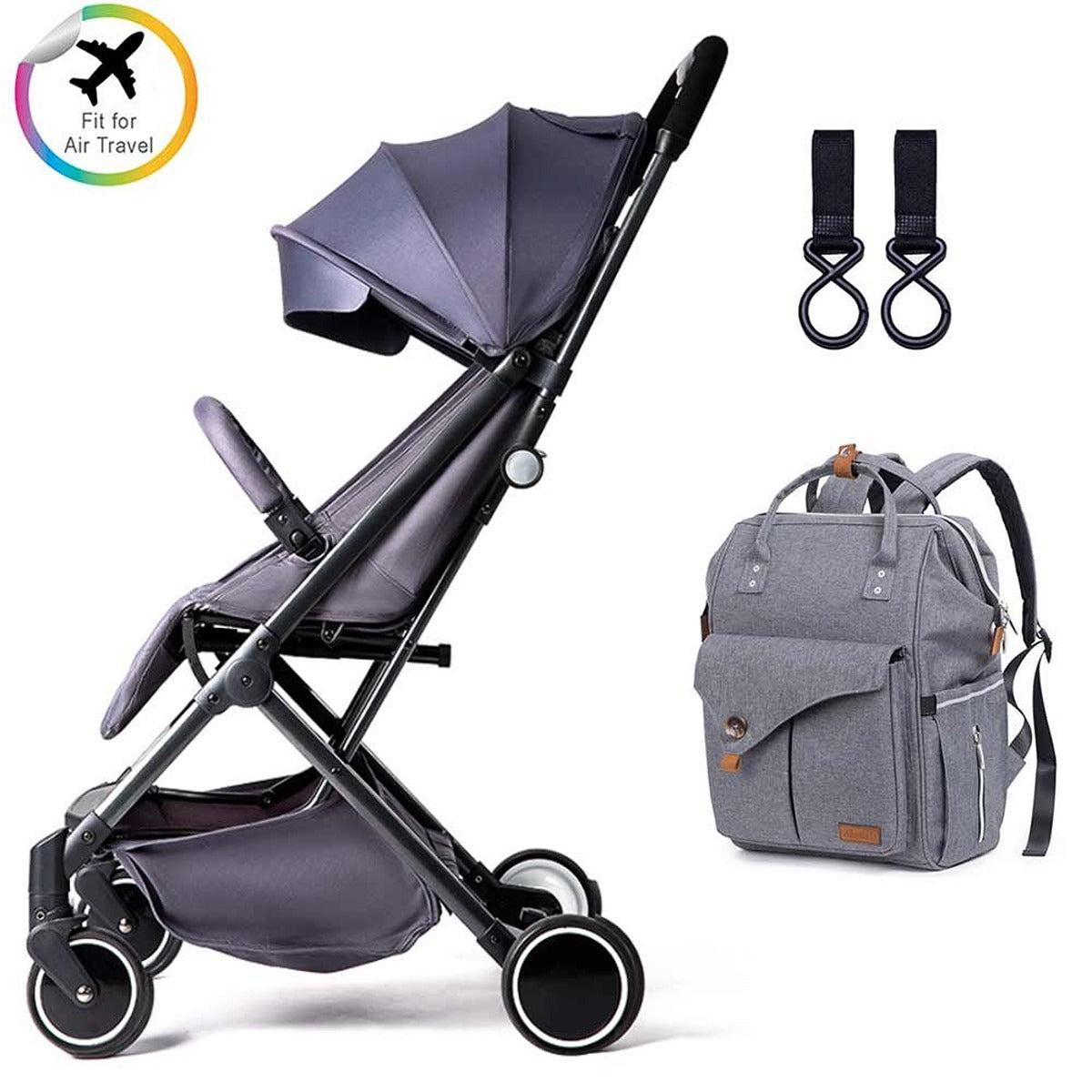Teknum Teknum - Grey Travel Lite Stroller + Alameda Diaper Backpack - Large - Grey with Hooks