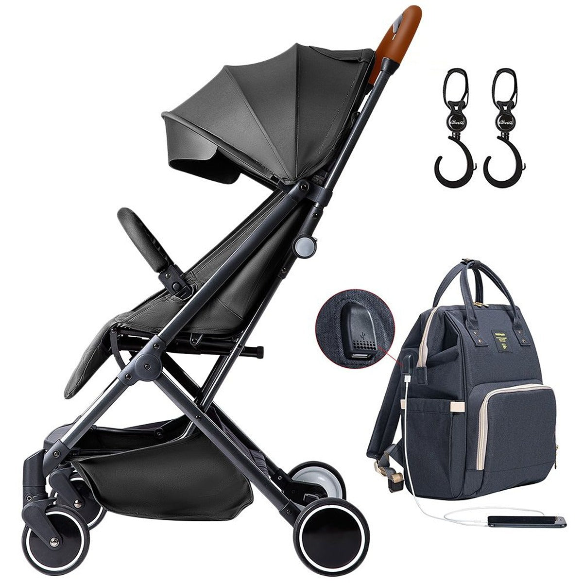 Teknum Teknum -  Travel Lite Stroller + Sunveno USB Diaper Bag  and Stroller Hooks - Black