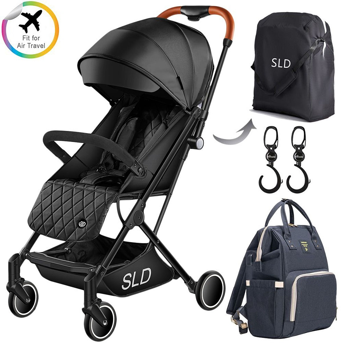 Teknum Teknum -  Travel Lite Stroller + Sunveno USB Diaper Bag  and Stroller Hooks - Black