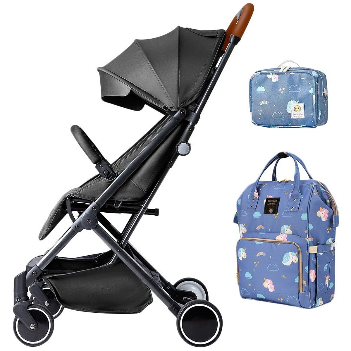Teknum Teknum - Travel Lite Stroller - Black and  Sunveno Unicorn Diaper Bag and Clutch Combo