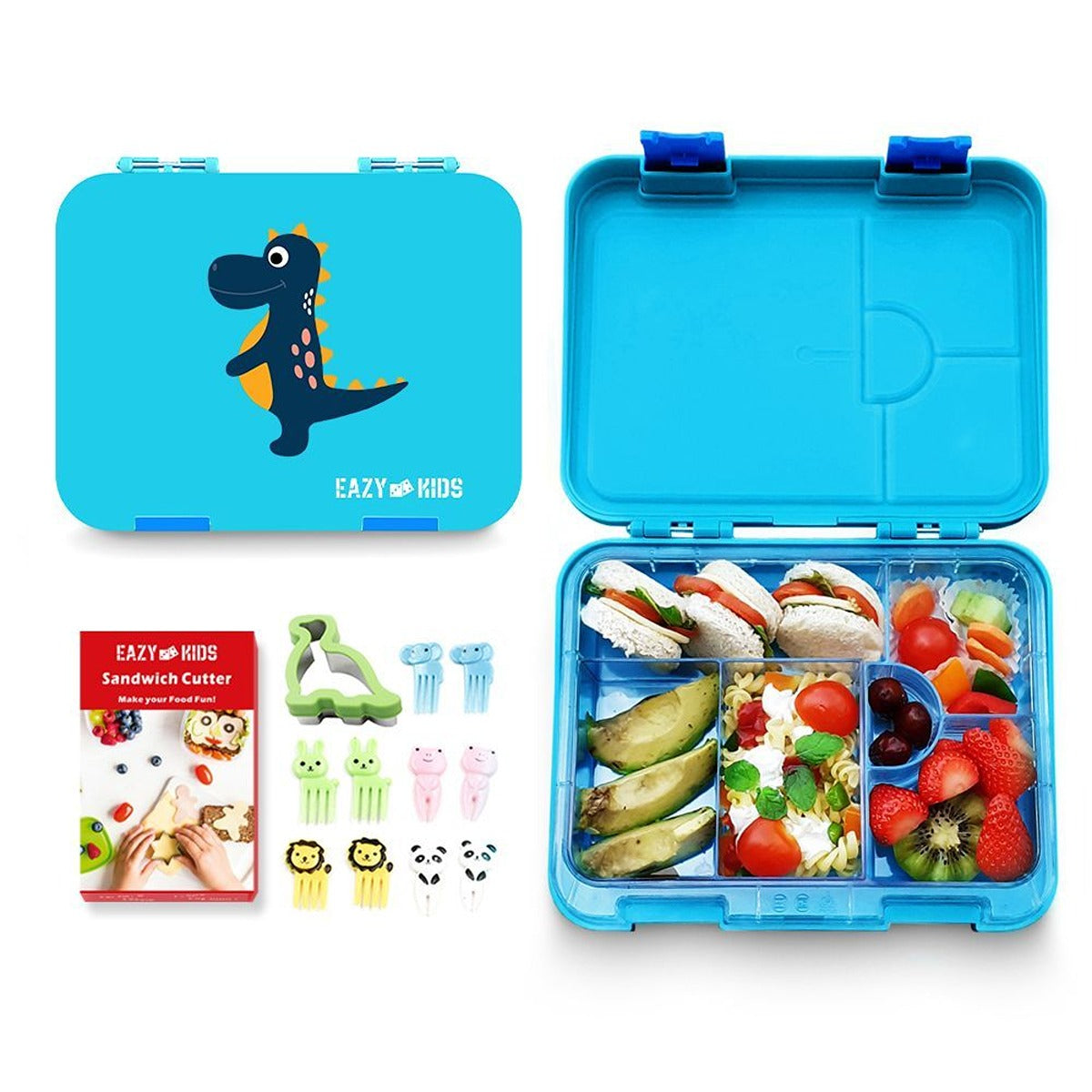 Eazy Kids Eazy Kids 6 &amp; 4 Convertible Bento Lunch Box w/ sandwich cutter- Dino Blue