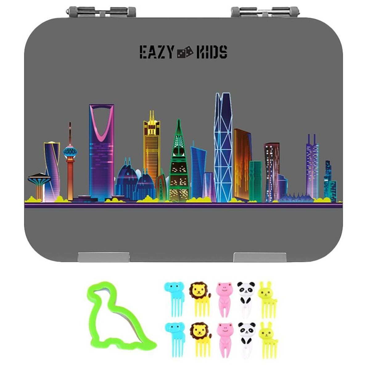 Eazy Kids Eazy Kids 4 Compartment Bento Lunch Box w/ Sandwich Cutter Set-Love Saudi Grey