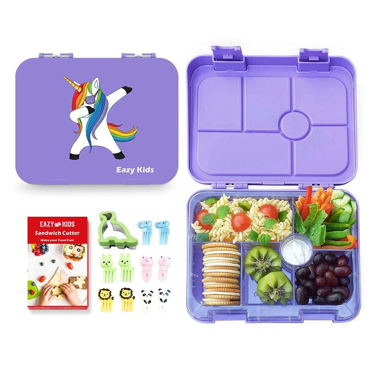 Eazy Kids Eazy Kids 6 Compartment Bento Lunch Box w/ sandwich cutter- Unicorn Purple