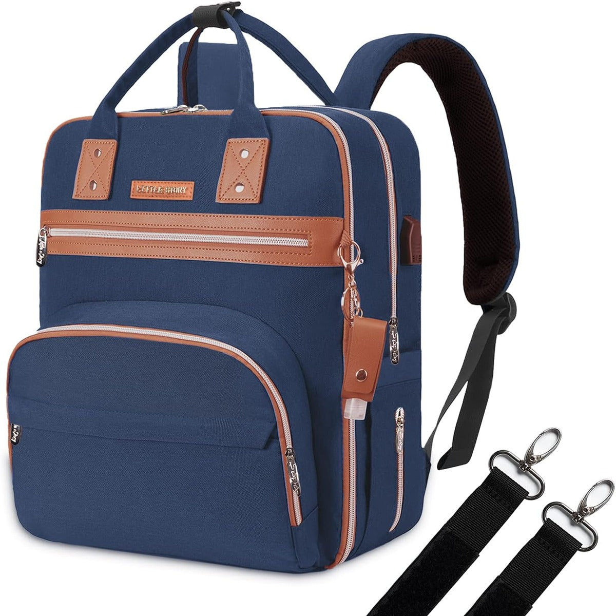 Little Story Little Story 2in1 Diaper Bag w Sanitizer Bottle keychain Stroller Hooks Blue