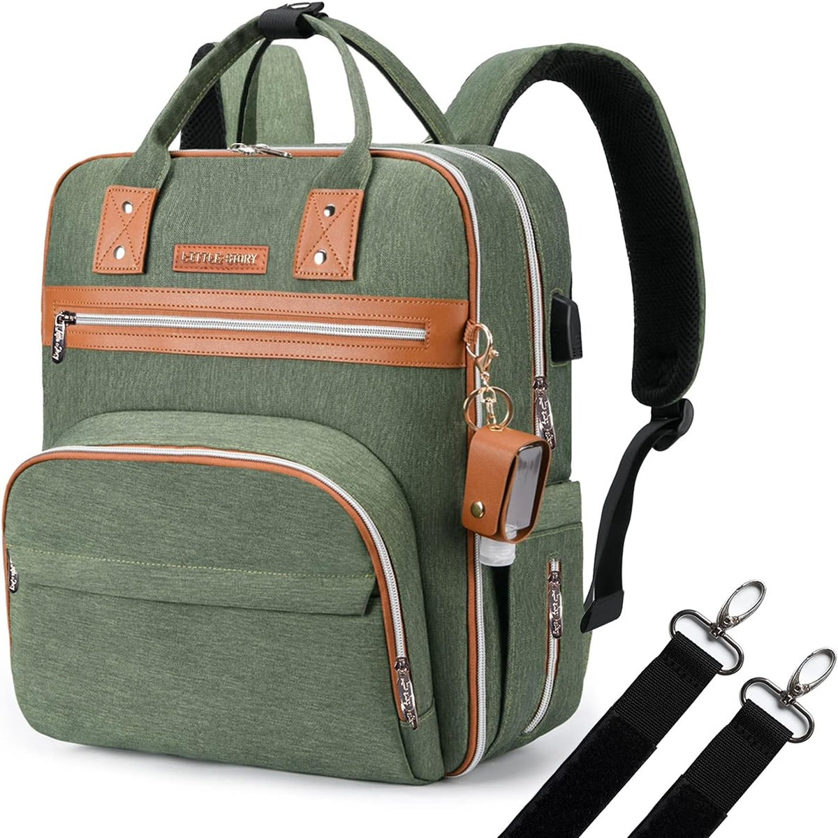 Little Story Little Story 2in1 Diaper Bag w Sanitizer Bottle keychain Stroller Hooks Green