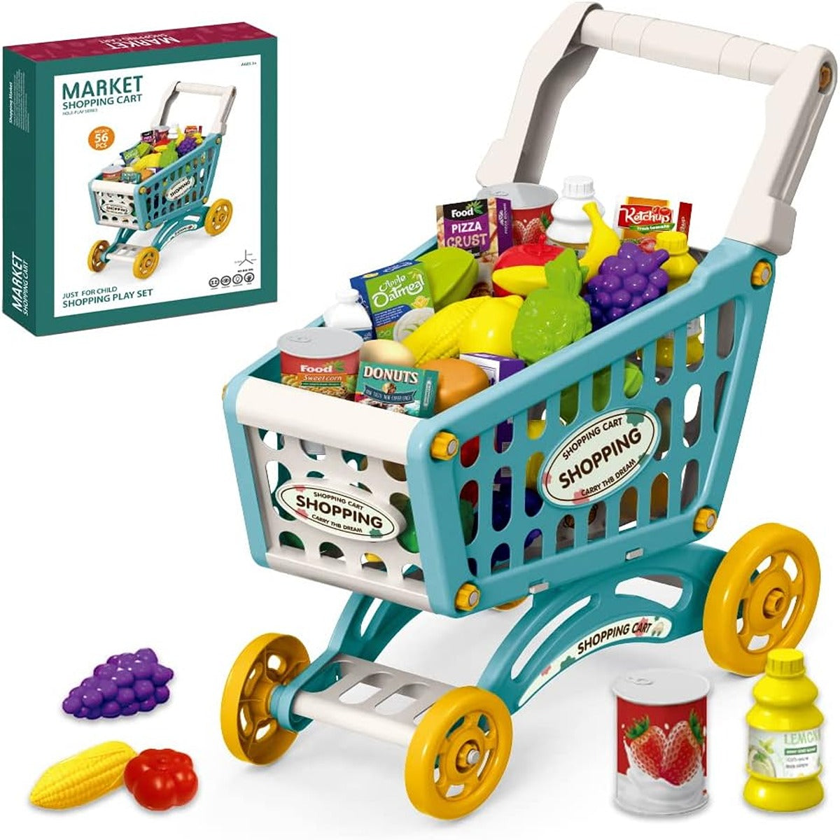 Little Story Little Story Role Play Market Shopping Cart Toy Set 56 Pcs Green