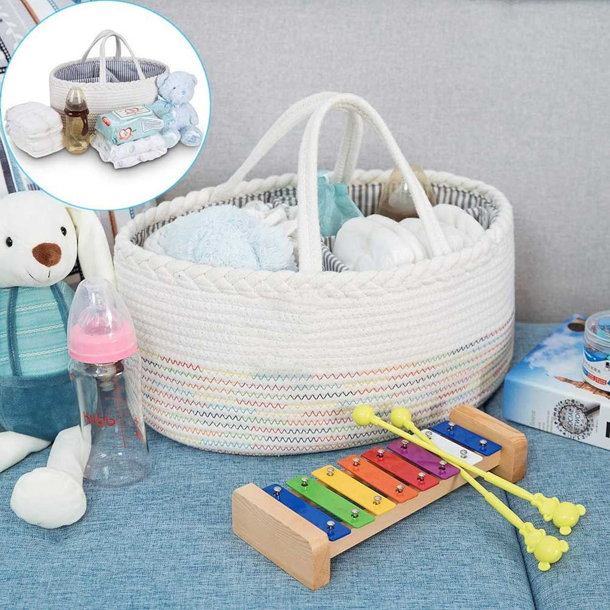 Little Story Little Story - Cotton Rope Diaper Caddy - White Rainbow