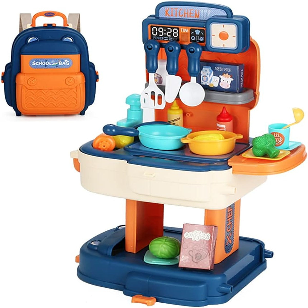 Little Story Little Story Role Play ChefKitchenRestaurant Toy Set School Bag 34 Pcs Blue 2 In 1 Mode