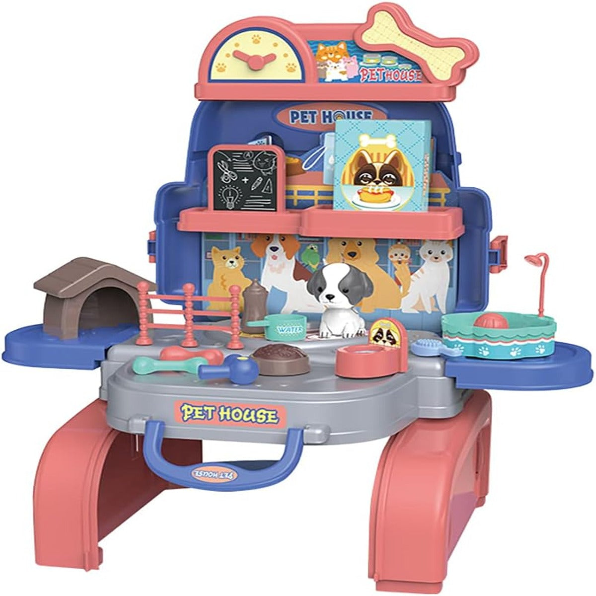 Little Story Little Story Role Play Animal CarePet House Toy Set School Bag 26 Pcs Blue 3 In 1 Mode