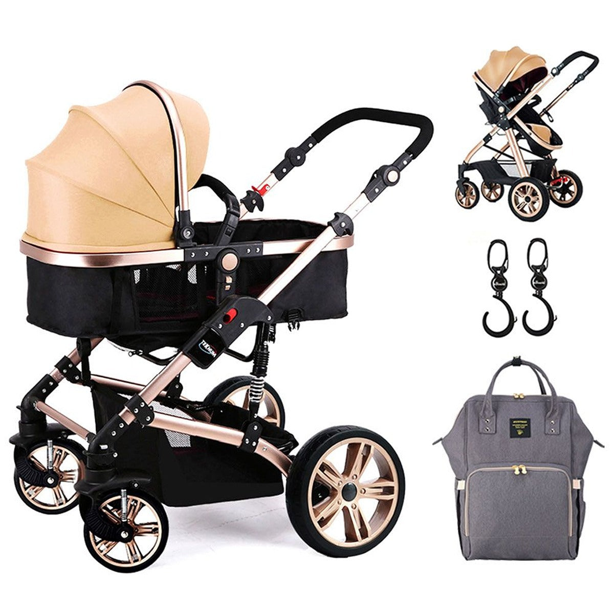 Teknum Teknum - 3-in-1 Pram Stroller, Diaper Bag &amp; Hooks Khaki Grey