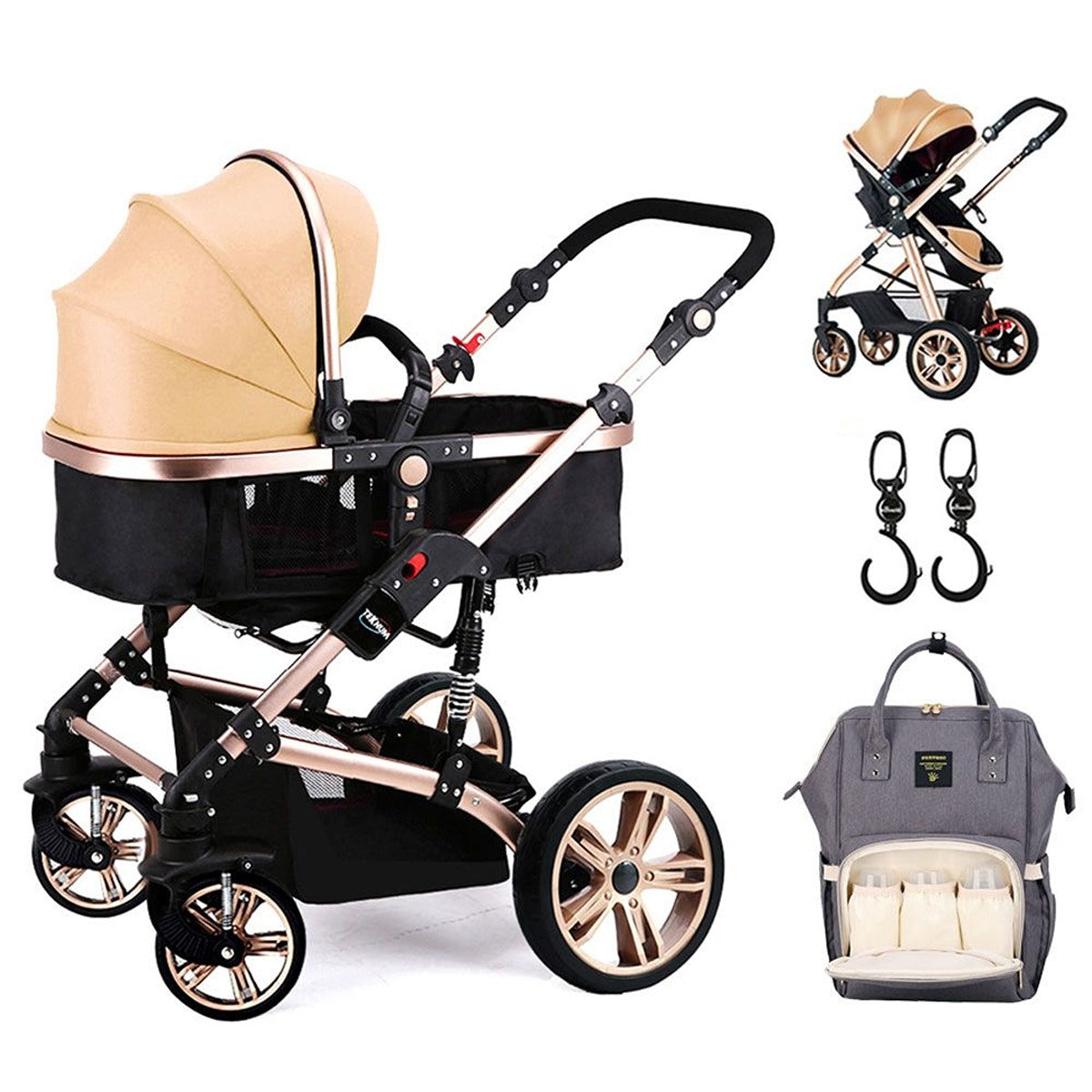 Teknum Teknum - 3-in-1 Pram Stroller, Diaper Bag &amp; Hooks Khaki Grey