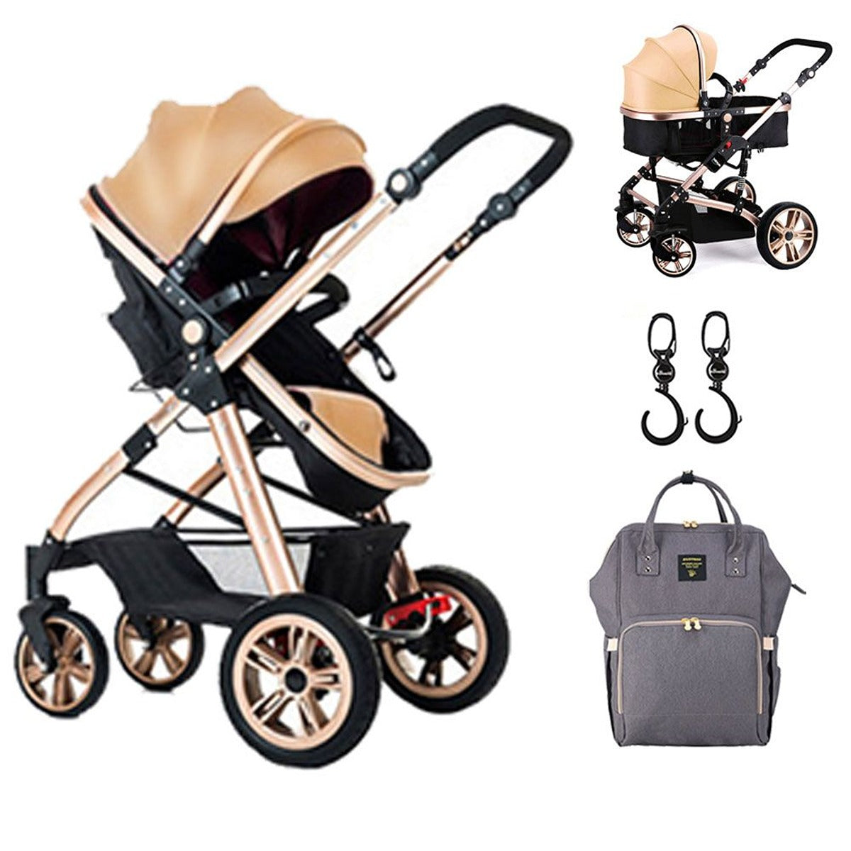 Teknum Teknum - 3-in-1 Pram Stroller, Diaper Bag &amp; Hooks Khaki Grey