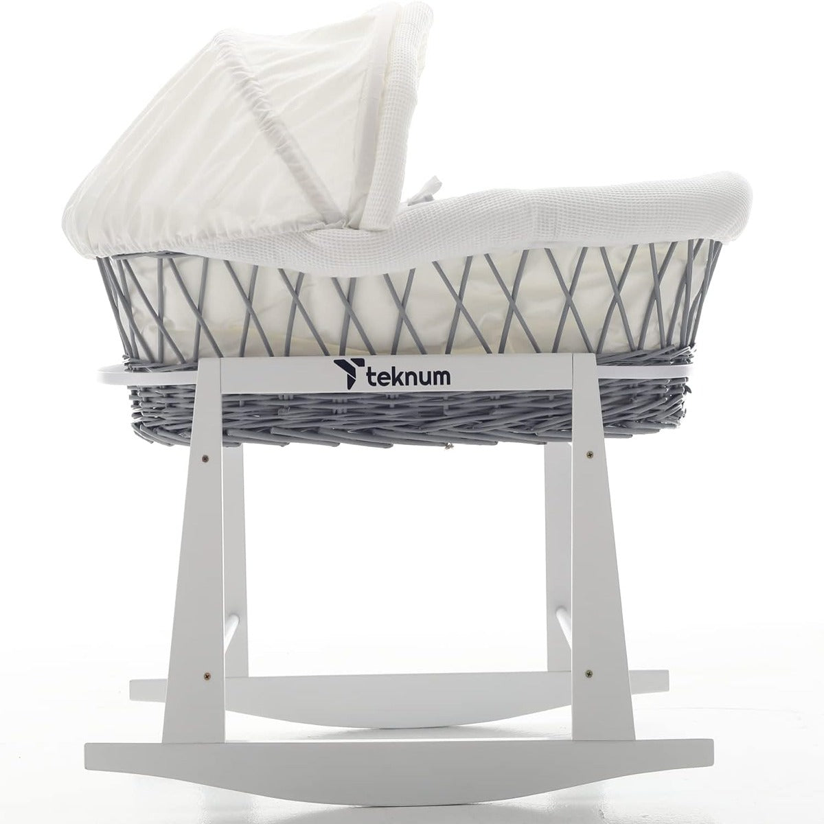 Teknum Teknum Infant Wicker Moses Basket with White Waffle Beddings White Rocker Stand Wooden Grey