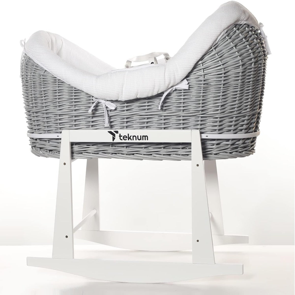 Teknum Teknum Infant Wicker Pod Moses Basket with White Waffle Beddings White Rocker Stand Wooden Grey