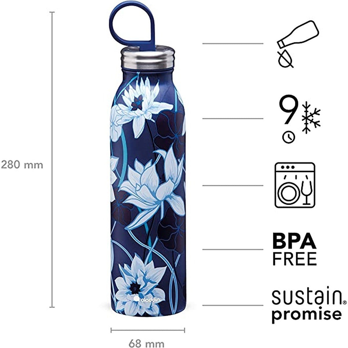 Aladdin Chilled Thermavac Wtr Btl 0.55L Lotus Navy