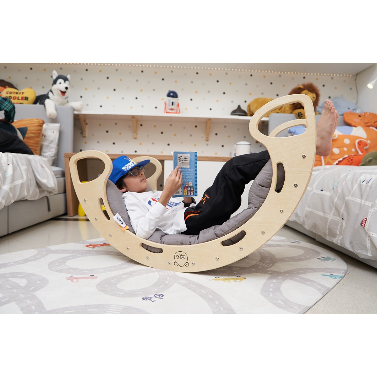 Ezzro Natural Large Rocker with Grey Large Rocker Balance Board Playmat Bundle