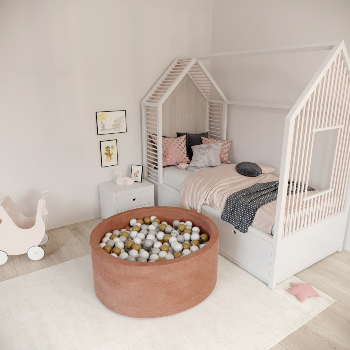 Ezzro Round Ball Pit - Velvet Marsala - 90X40 W100 Balls (White, Light Grey)