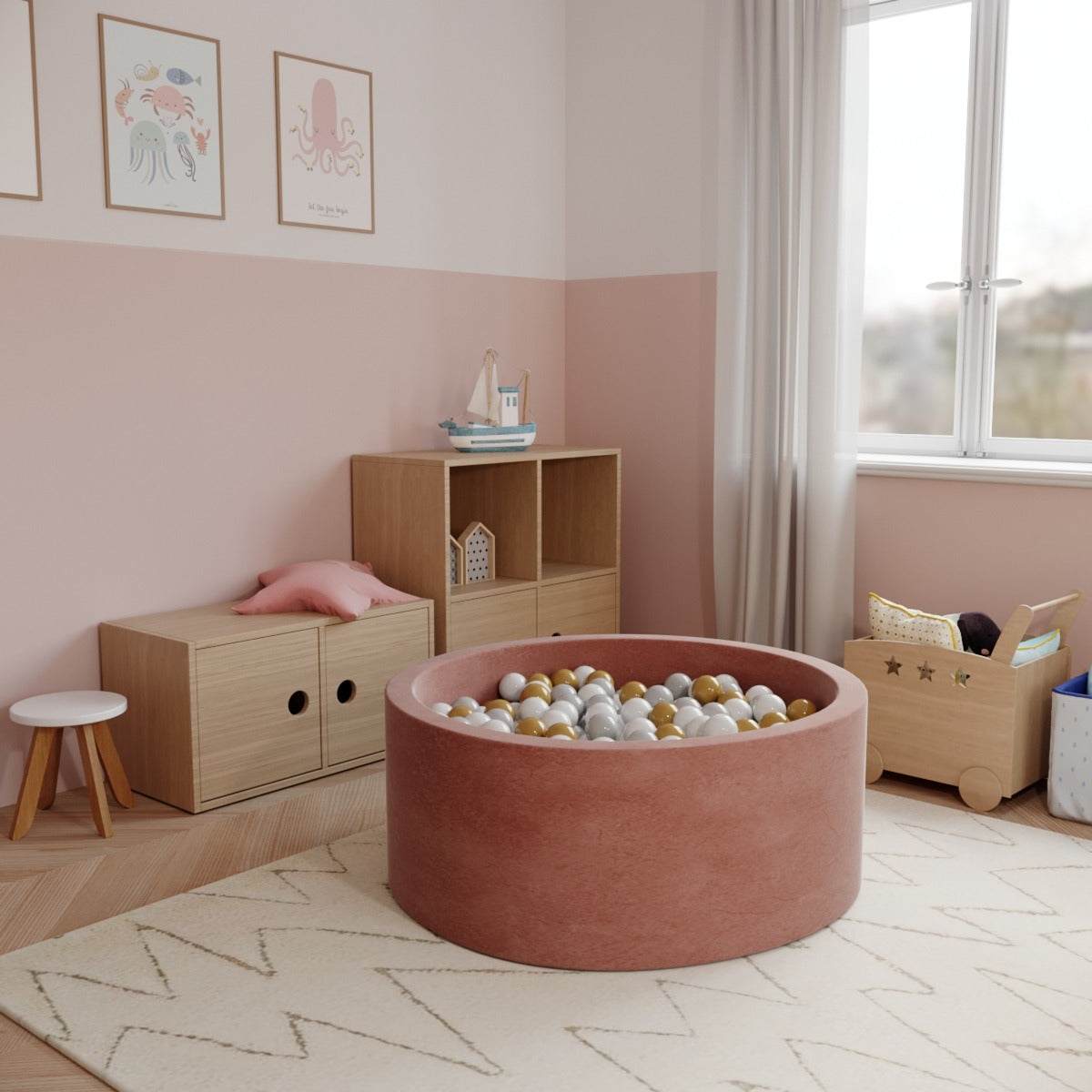 Ezzro Round Ball Pit - Velvet Marsala - 90X40 W200 Balls (White, Light Grey)