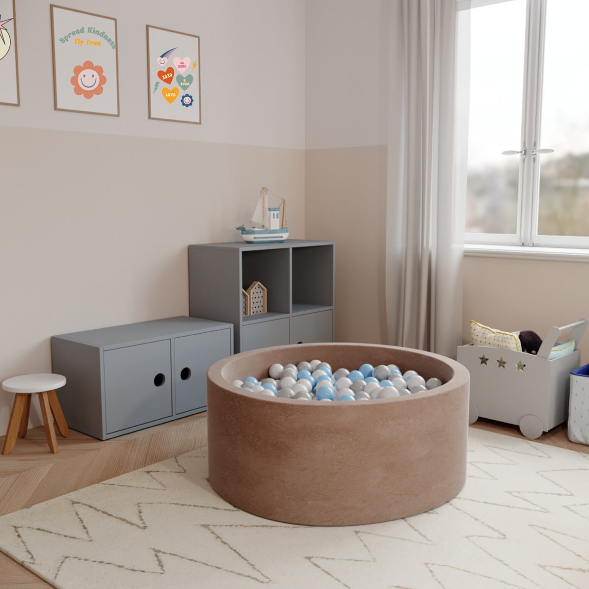 Ezzro Round Ball Pit - Velvet Mocha - 90X40 W100 Balls (White, Transparent, Light Grey, Baby Blue, Ivory)