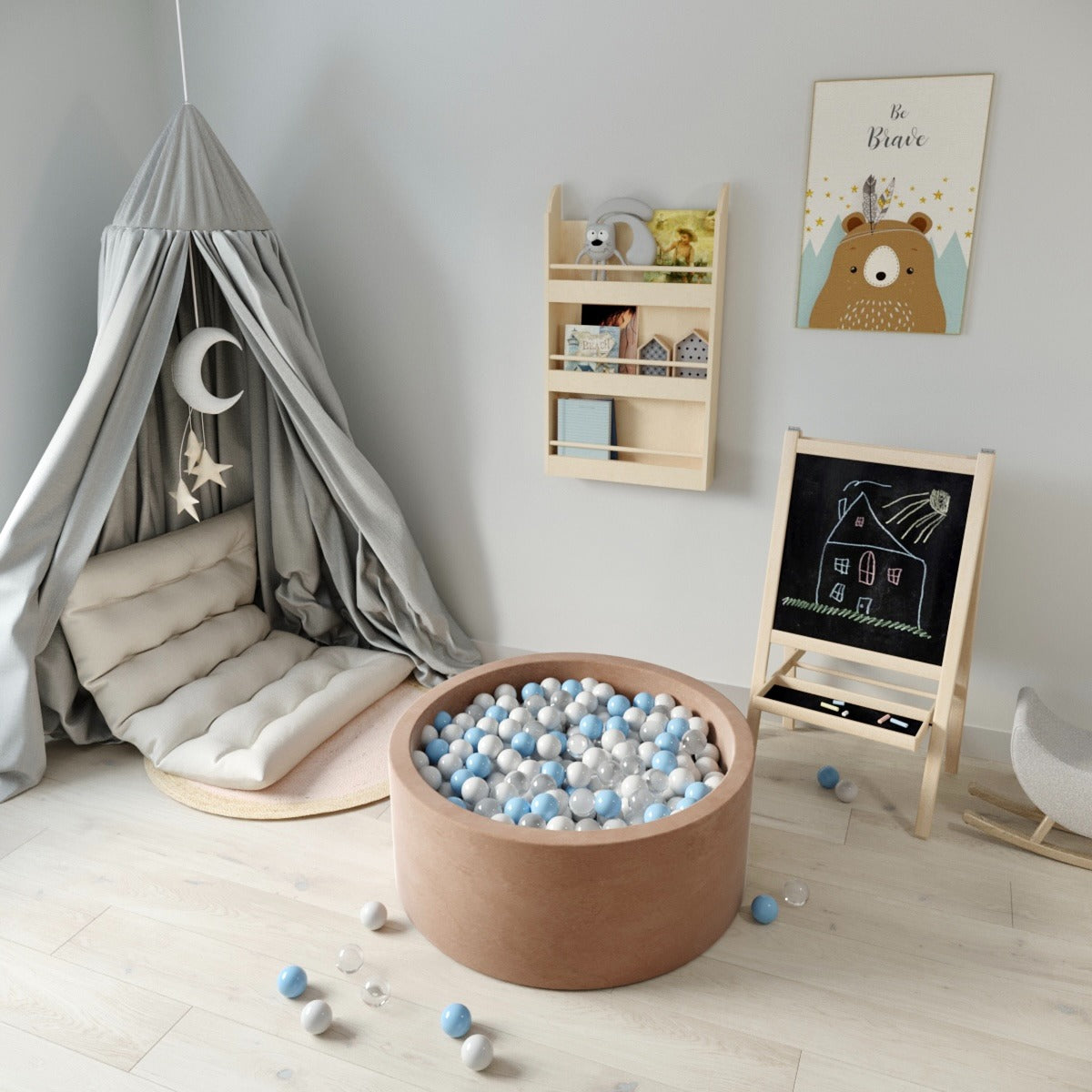 Ezzro Round Ball Pit - Velvet Mocha - 90X40 W200 Balls (White, Transparent, Silver)