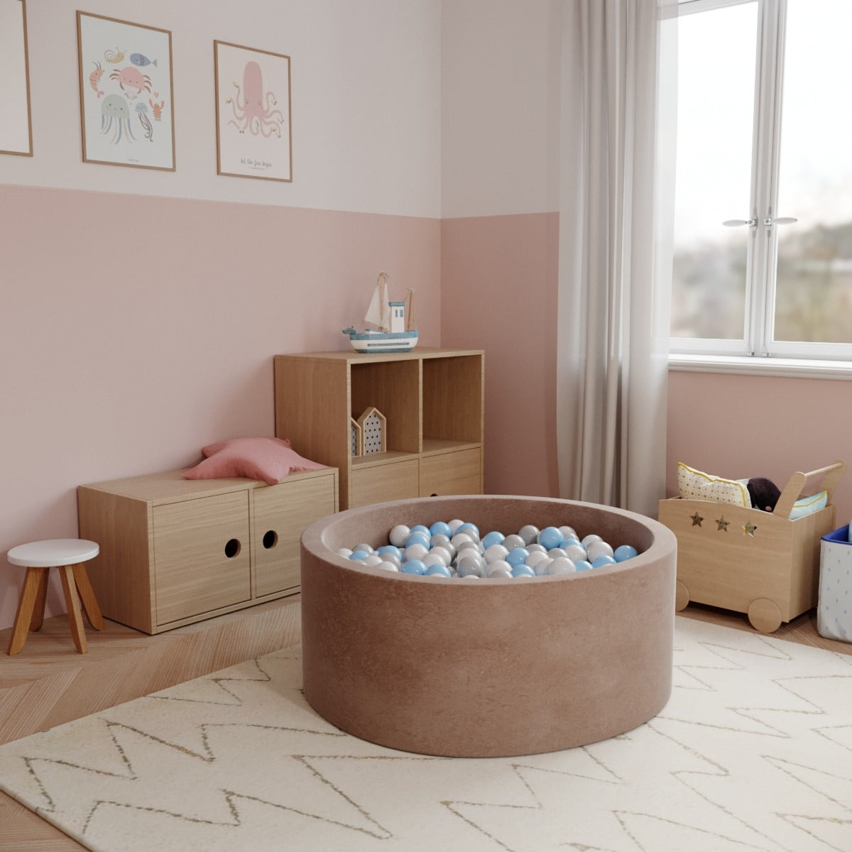 Ezzro Round Ball Pit - Velvet Mocha - 90X40 W200 Balls (White, Transparent, Light Grey, Baby Blue)