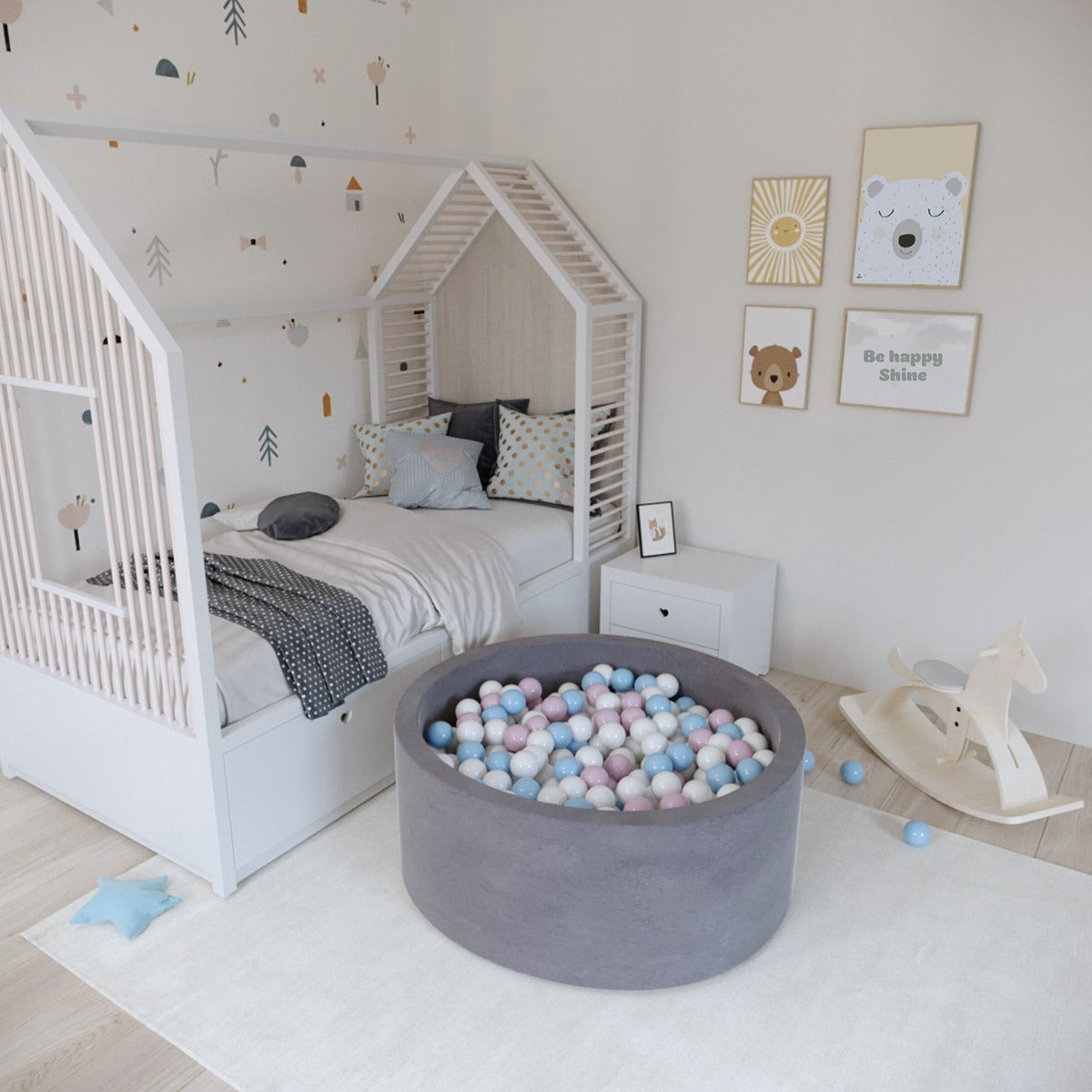 Ezzro Round Ball Pit - Velvet Silver - 90X40 W100 Balls (White, Baby Blue, Baby Pink, Lime)